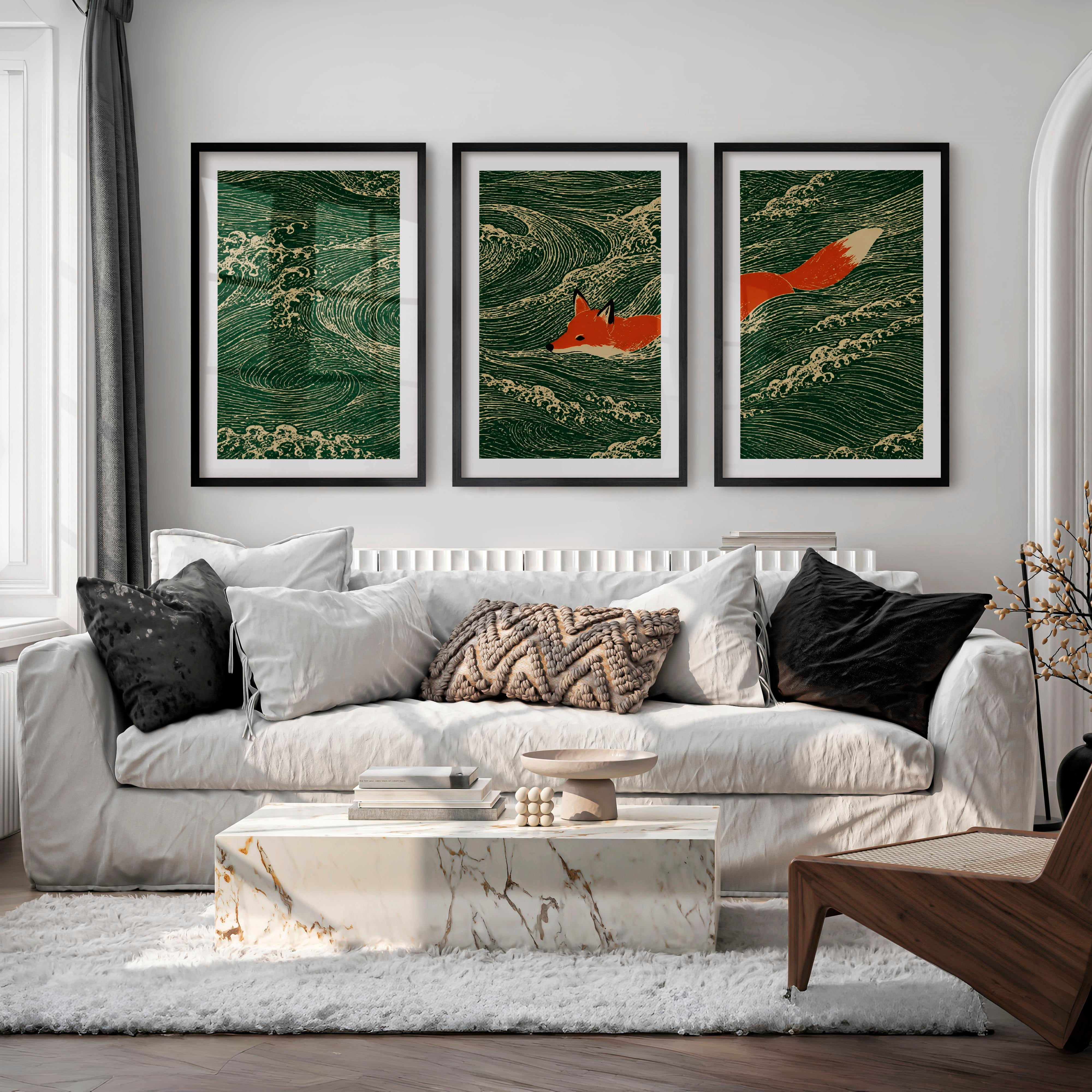 Swimming Fox japandi print - Black Framed Poster with White Border - Artworksets