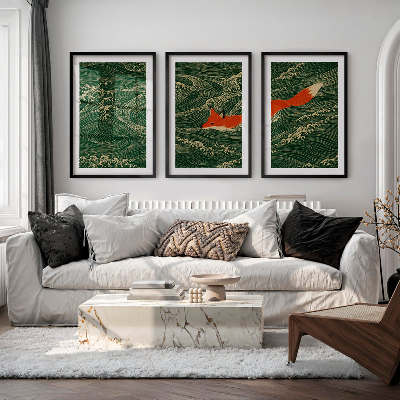 Swimming Fox japandi print - Black Framed Poster with White Border - Artworksets