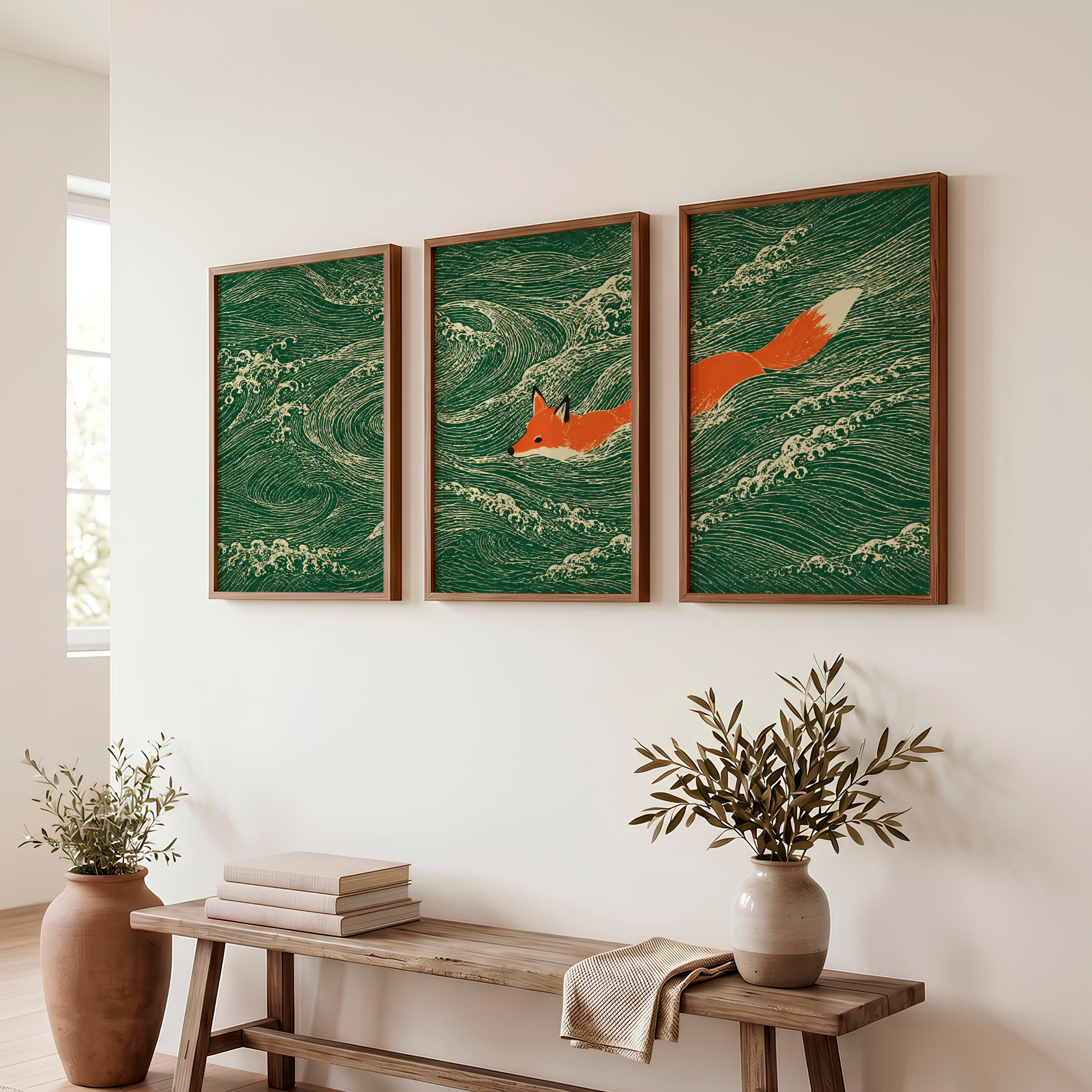 Swimming Fox japandi print - Dark Brown Framed Poster No Border - Artworksets