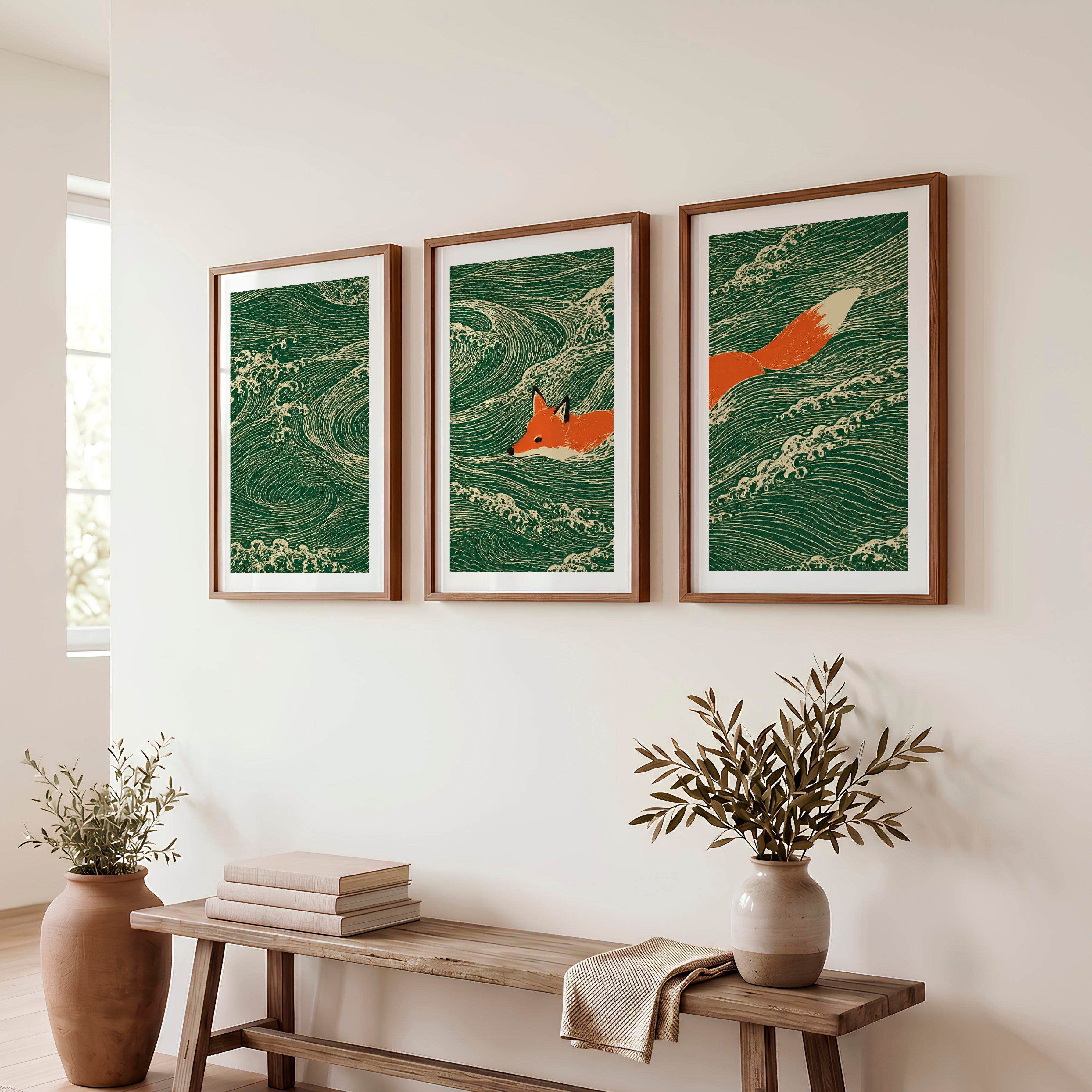 Swimming Fox japandi print - Dark Brown Framed Poster with White Border - Artworksets