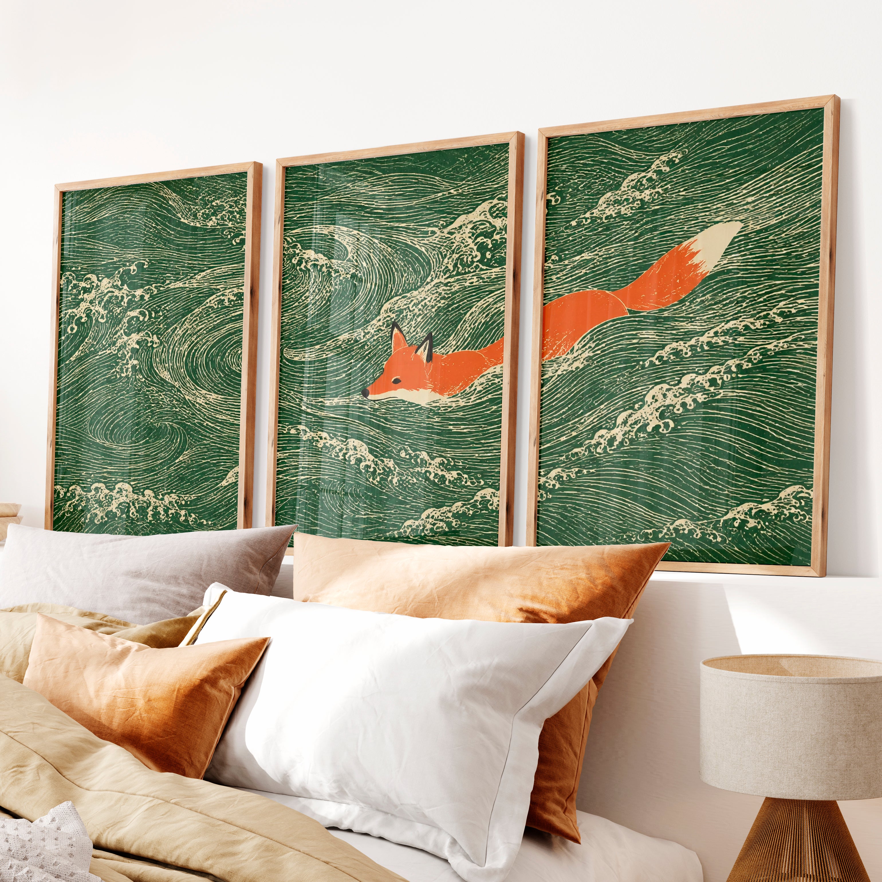 Swimming Fox japandi print - Natural Wood Framed Poster No Border - Artworksets