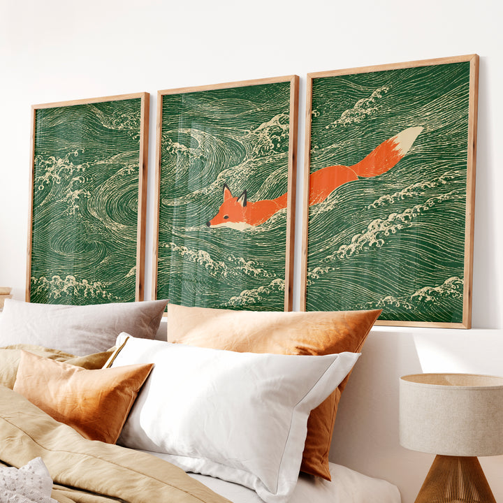 Swimming Fox japandi print - Natural Wood Framed Poster No Border - Artworksets