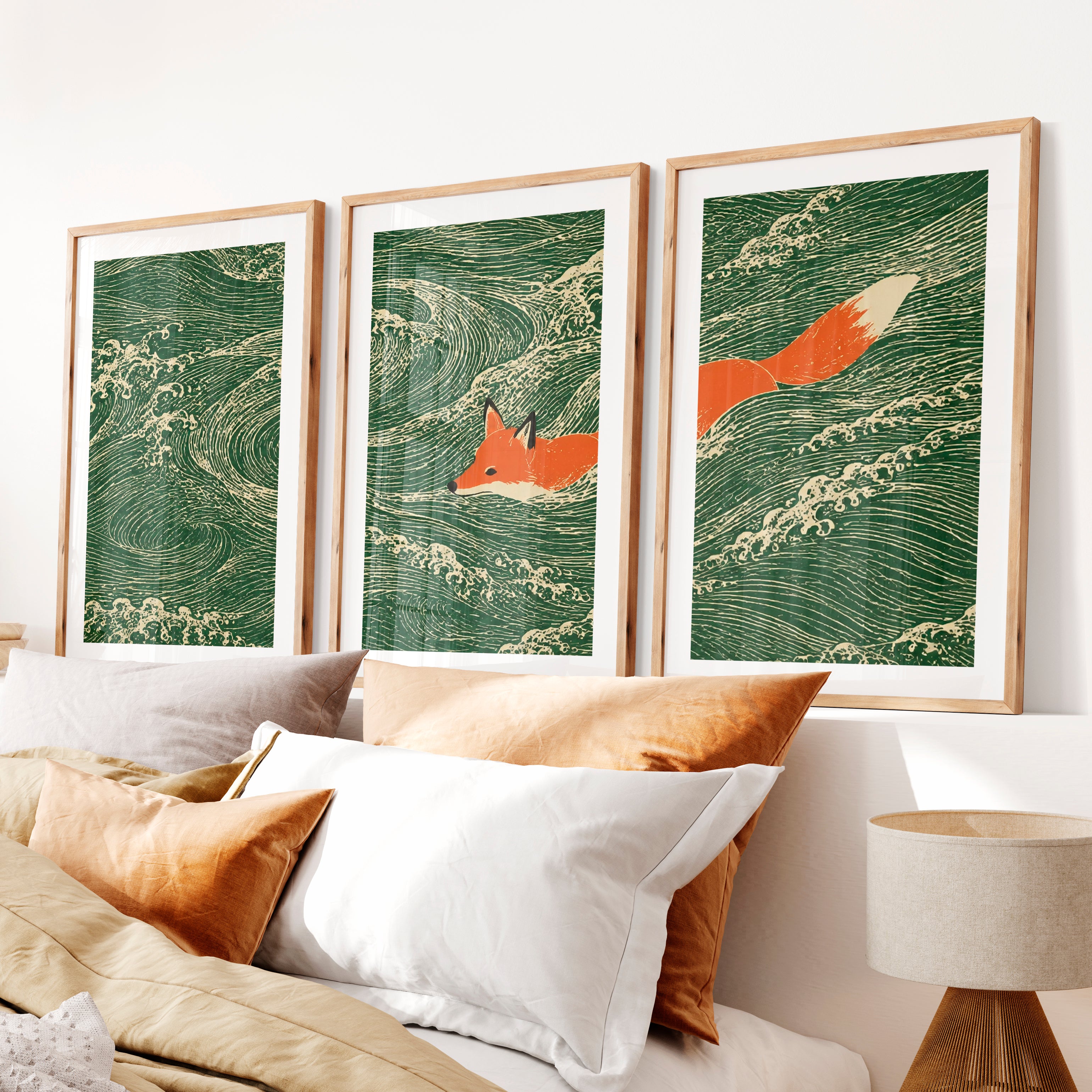 Swimming Fox japandi print- Natural Wood Framed Poster with White Border - Artworksets