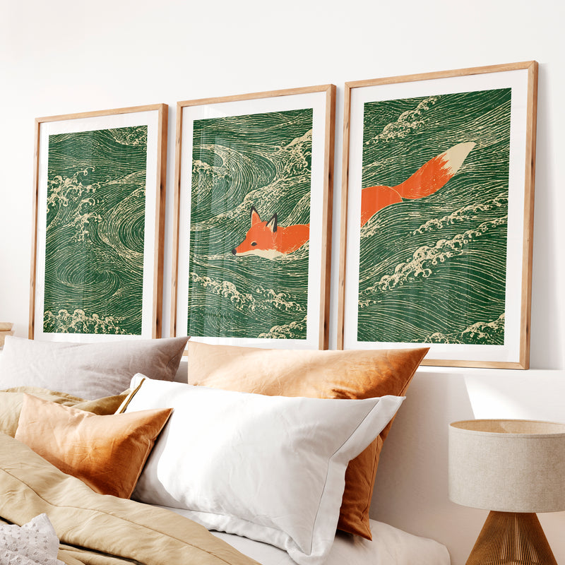 Swimming Fox japandi print- Natural Wood Framed Poster with White Border - Artworksets
