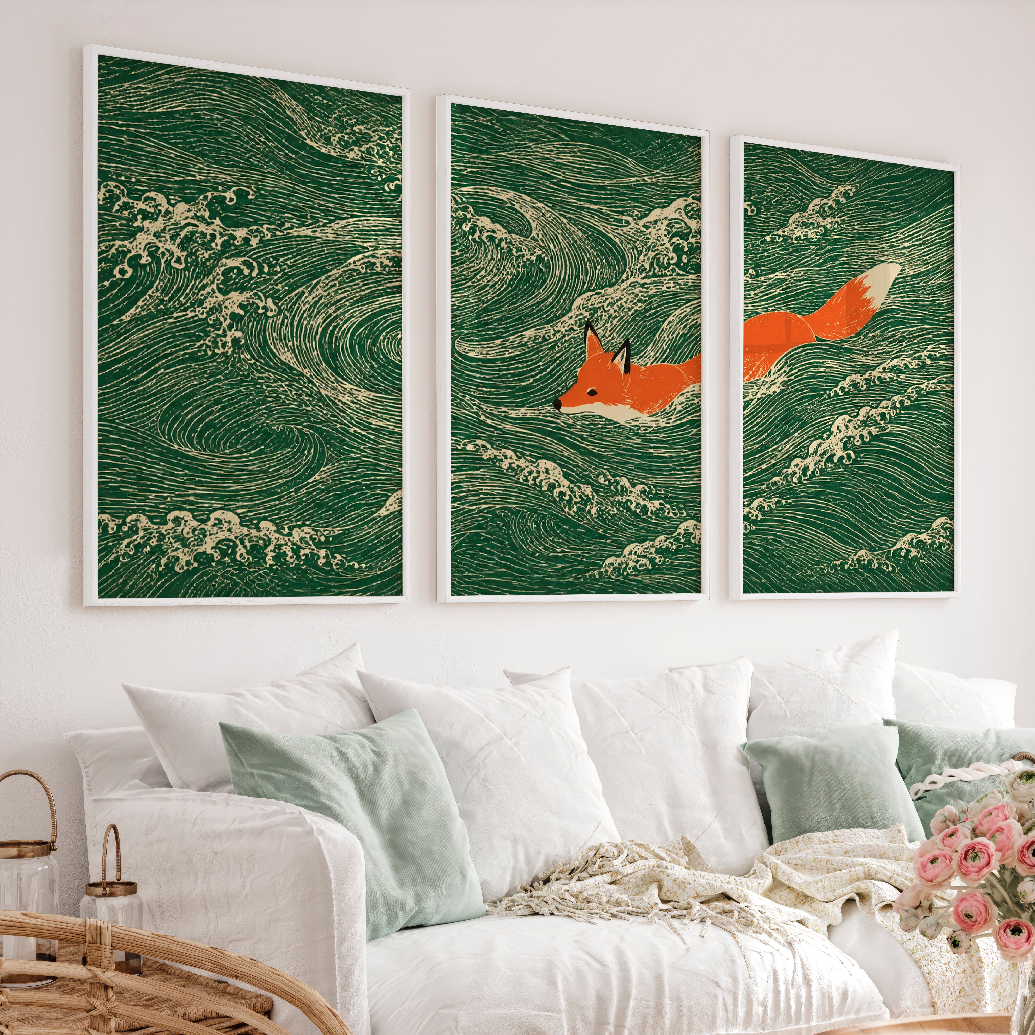 Swimming Fox japandi print - White Framed Poster No Border - Artworksets
