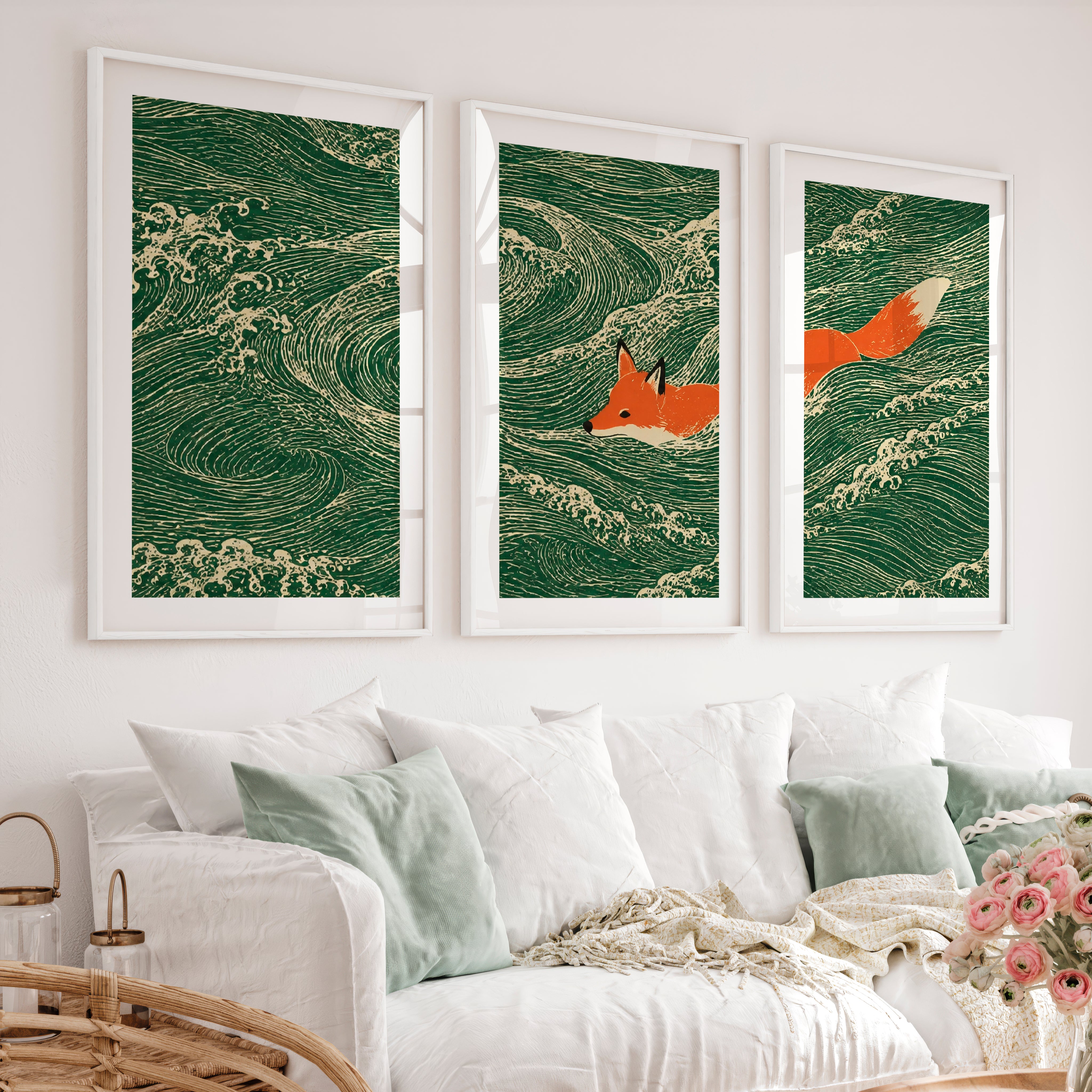 Swimming Fox japandi print - White Framed Poster with White Border - Artworksets