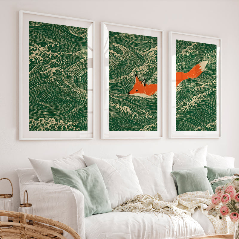 Swimming Fox japandi print - White Framed Poster with White Border - Artworksets