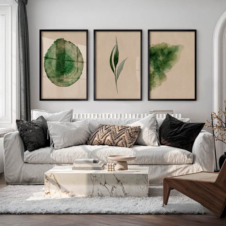 Green Botanical japandi print with Tree Ring - Black Framed Poster No Border - Artworksets