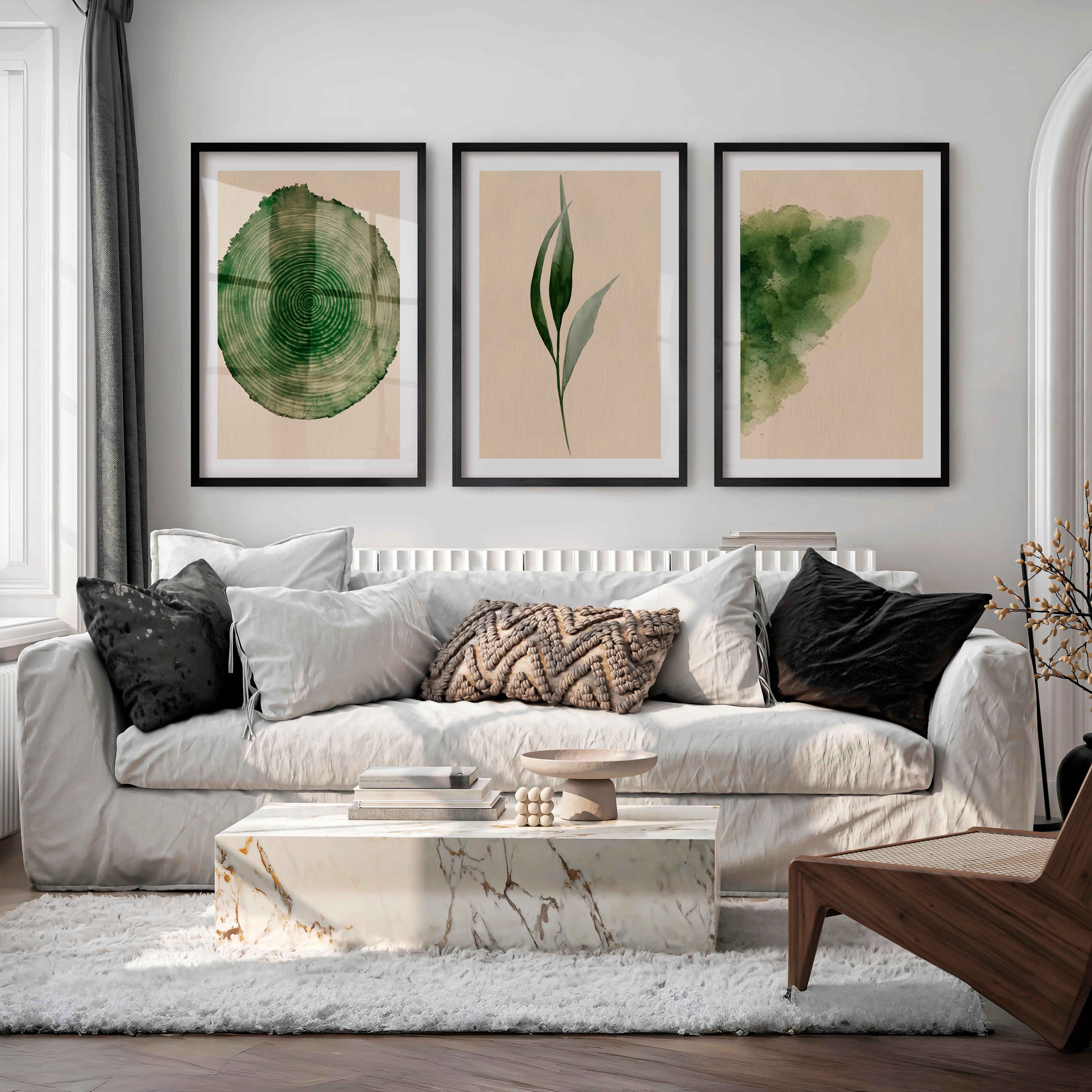 Green Botanical japandi print with Tree Ring - Black Framed Poster with White Border - Artworksets