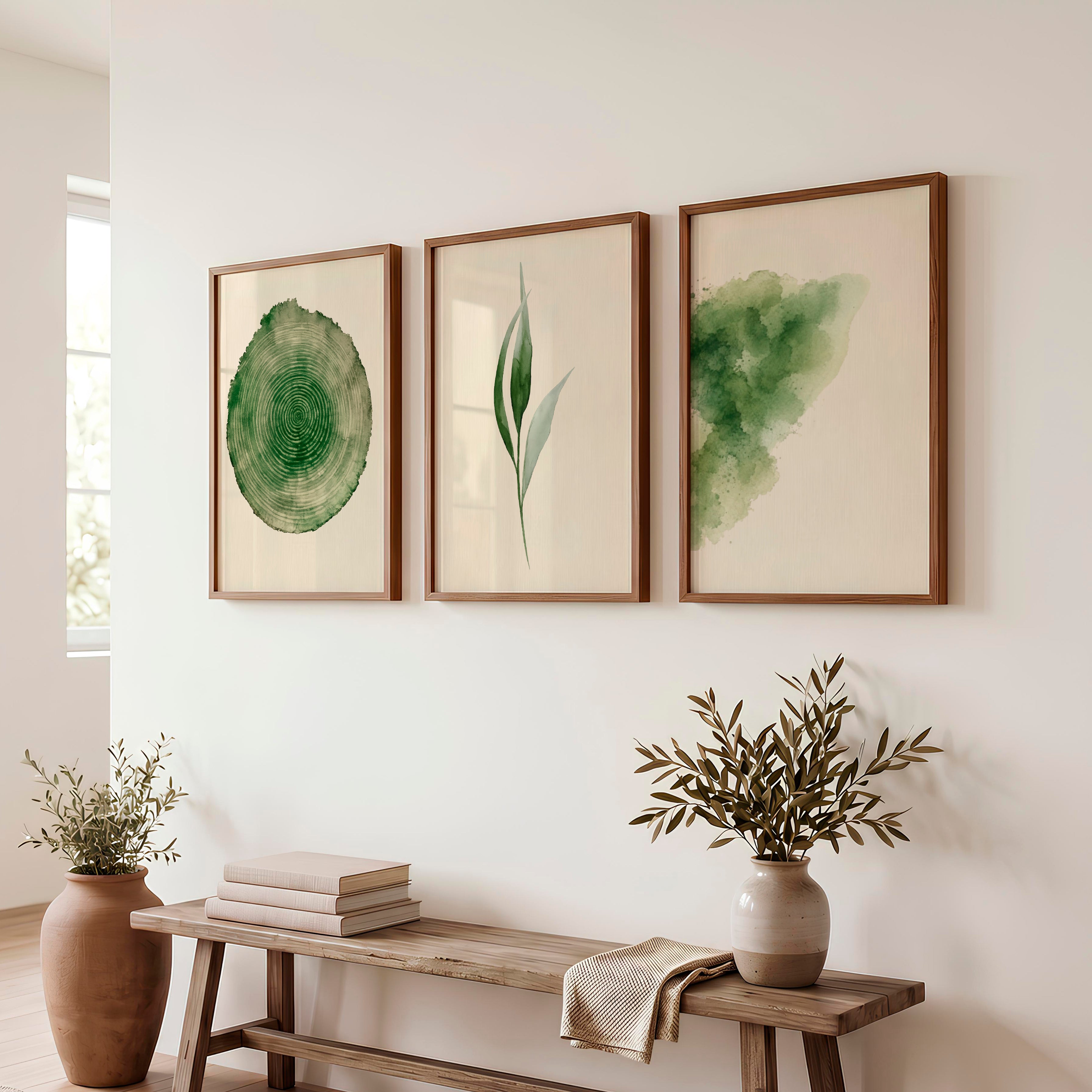 Green Botanical japandi print with Tree Ring - Dark Brown Framed Poster No Border - Artworksets