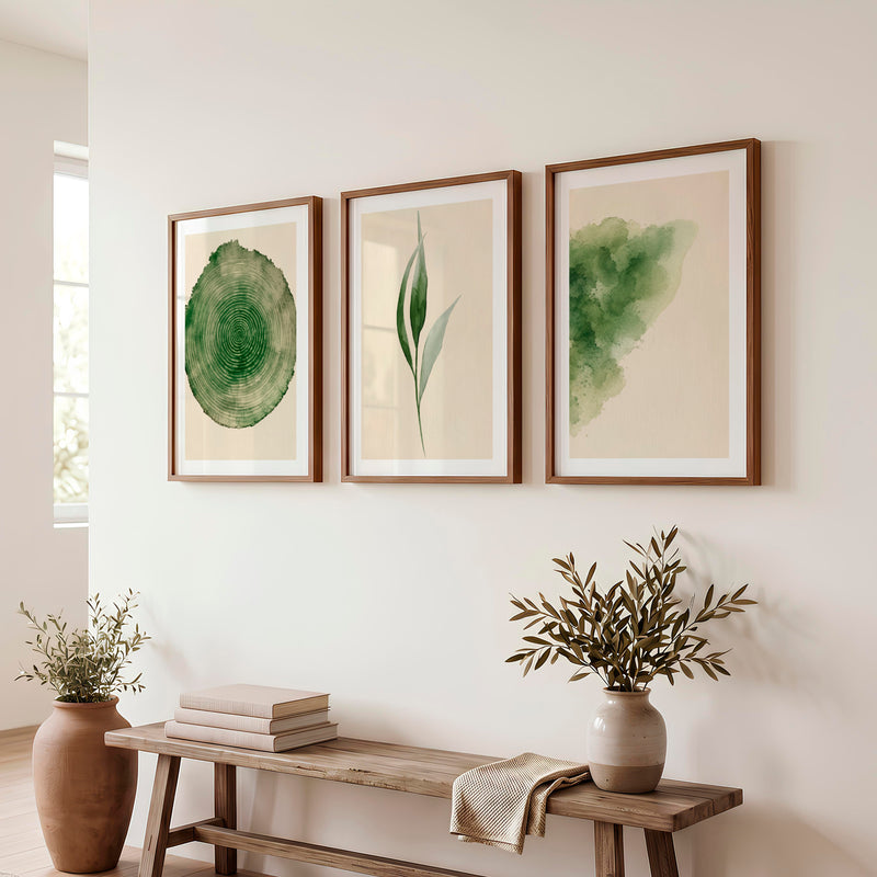 Green Botanical japandi print with Tree Ring - Dark Brown Framed Poster with White Border - Artworksets