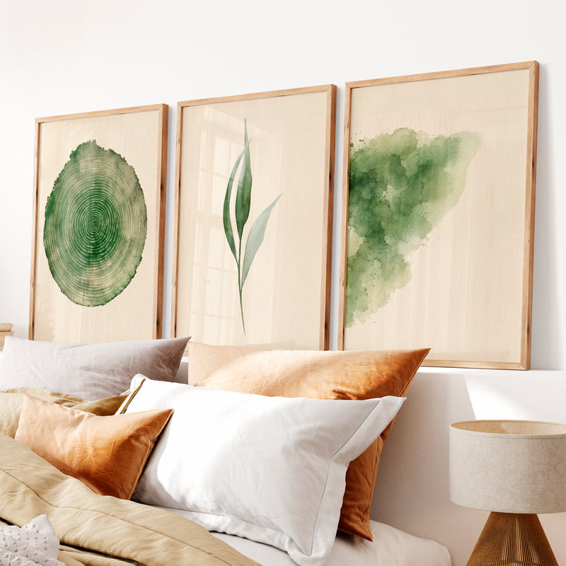 Green Botanical japandi print with Tree Ring - Natural Wood Framed Poster No Border - Artworksets