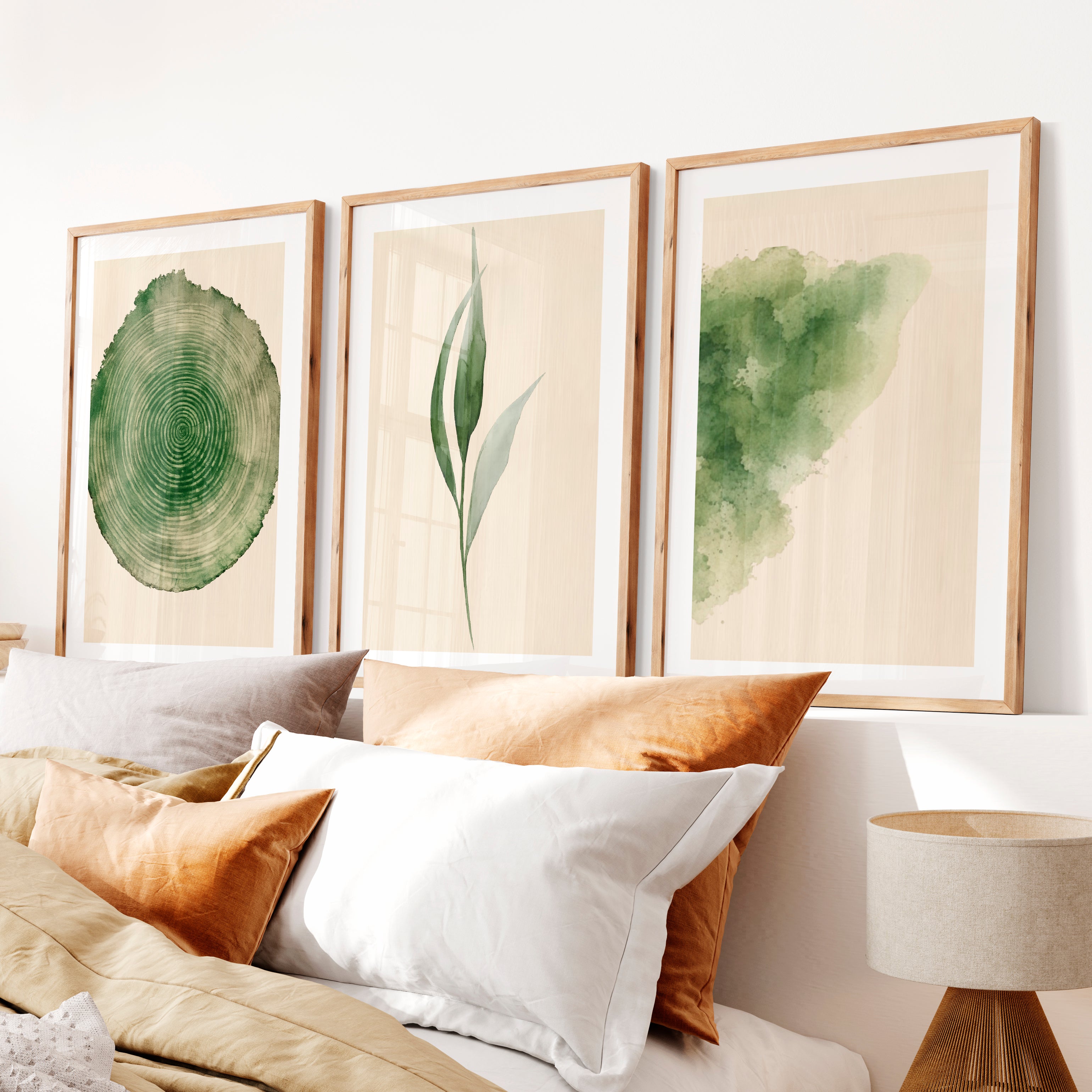 Green Botanical japandi print with Tree Ring- Natural Wood Framed Poster with White Border - Artworksets