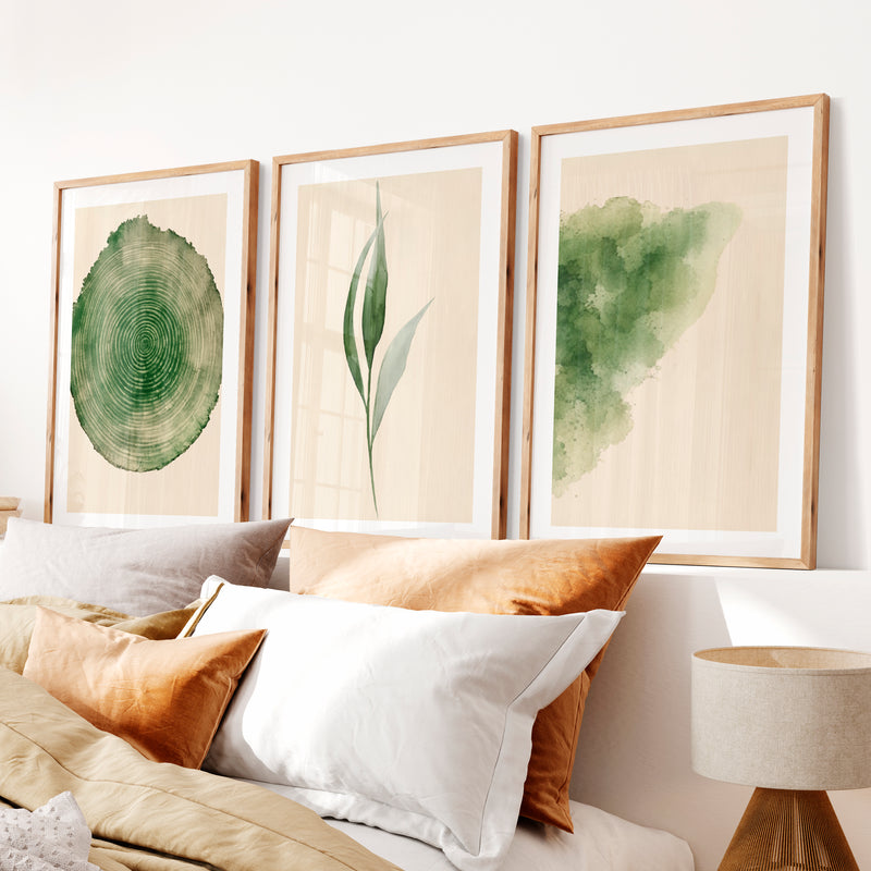 Green Botanical japandi print with Tree Ring- Natural Wood Framed Poster with White Border - Artworksets