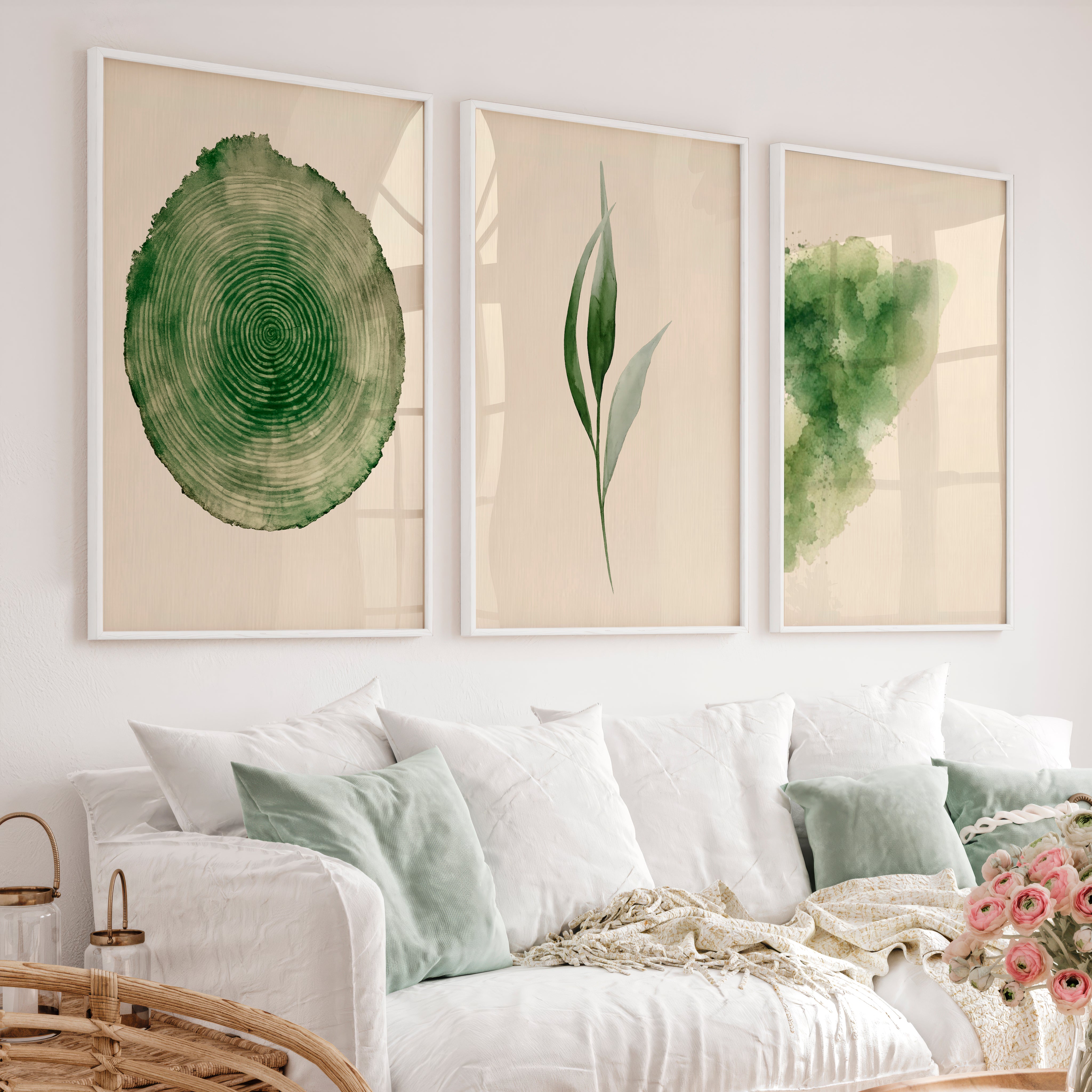 Green Botanical japandi print with Tree Ring - White Framed Poster No Border - Artworksets