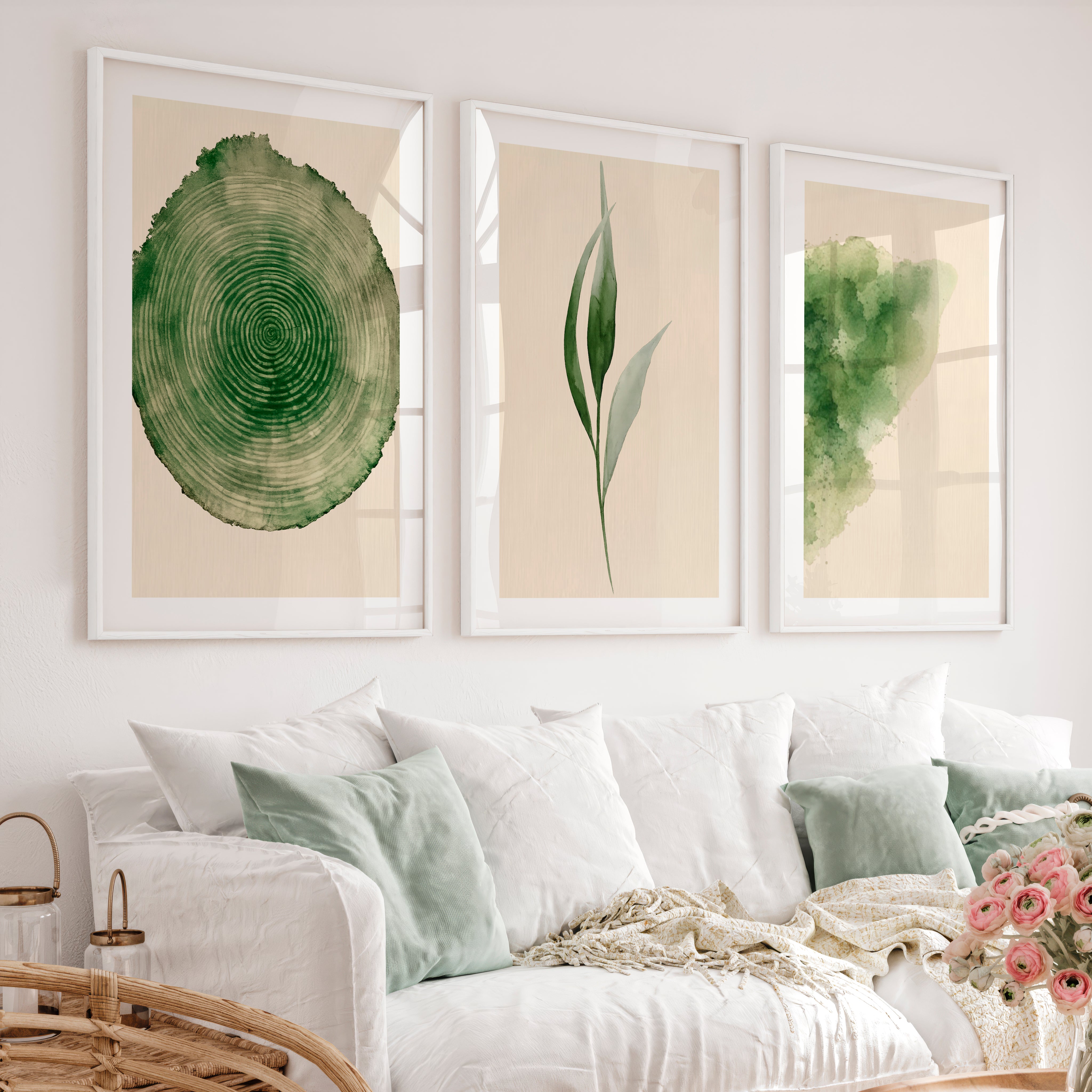 Green Botanical japandi print with Tree Ring - White Framed Poster with White Border - Artworksets