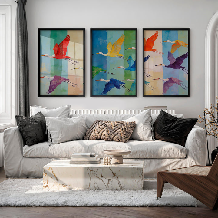 japandi room decor Patterned Birds in Flight - Black Framed Poster No Border - Artworksets