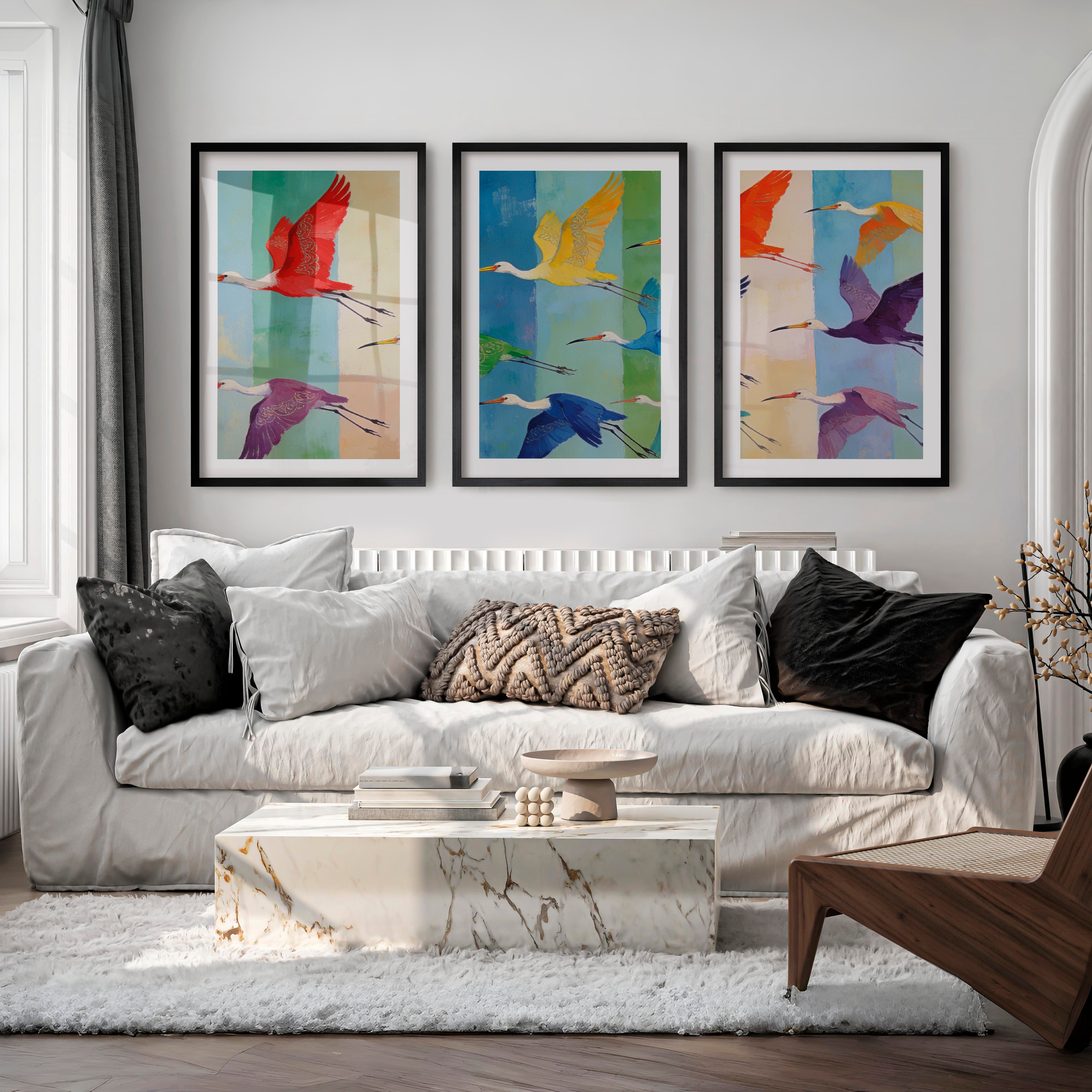 japandi room decor Patterned Birds in Flight - Black Framed Poster with White Border - Artworksets