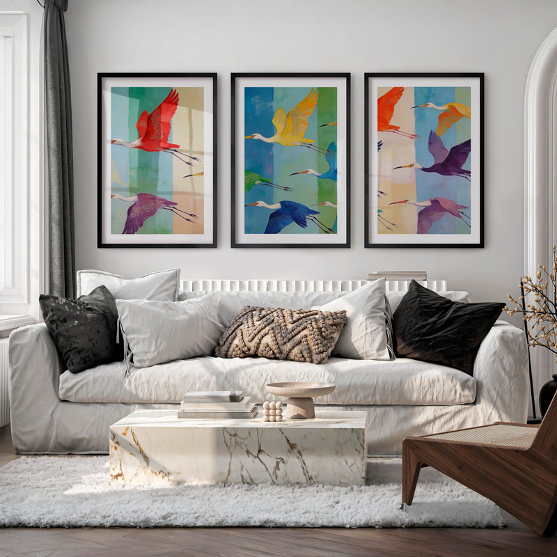 japandi room decor Patterned Birds in Flight - Black Framed Poster with White Border - Artworksets