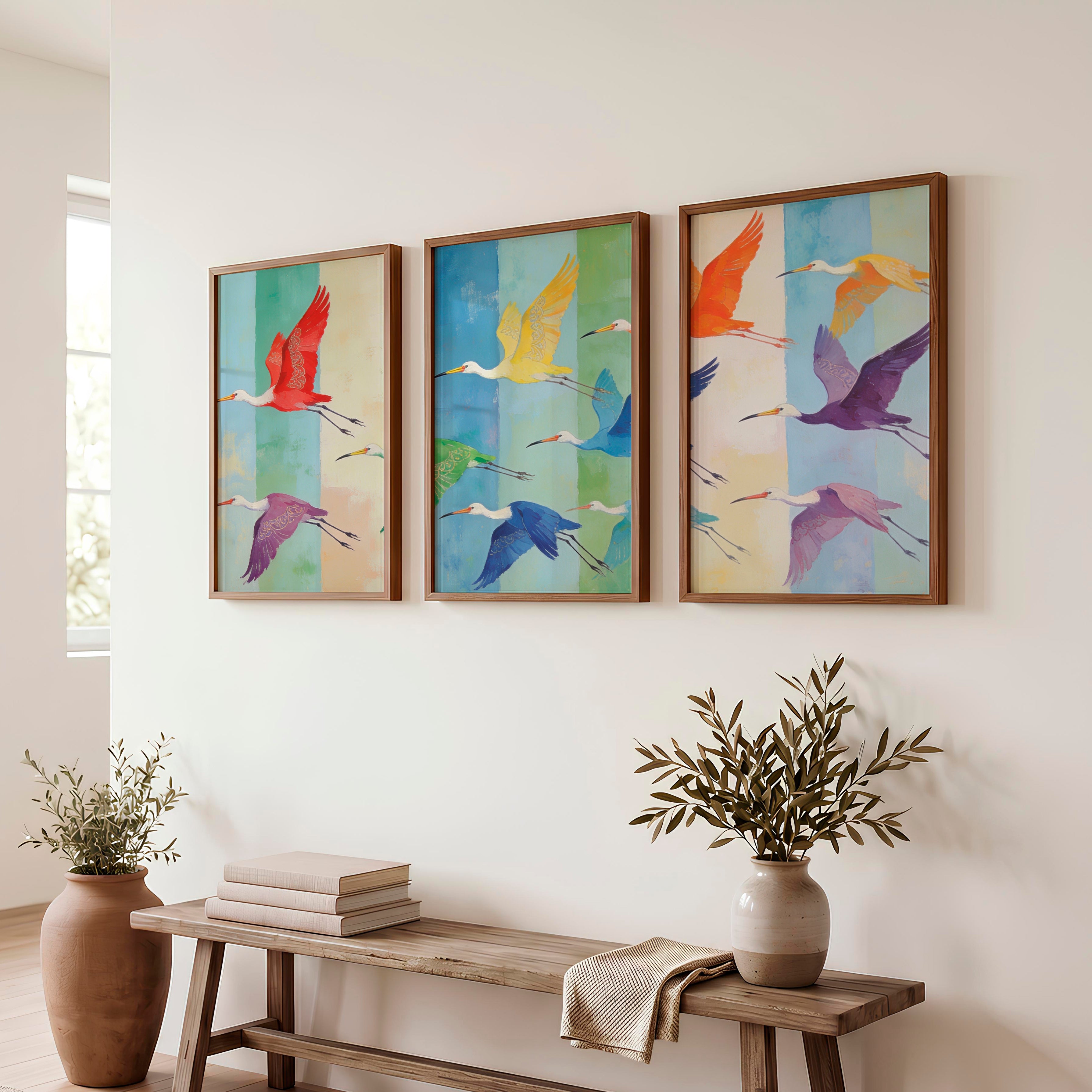 japandi room decor Patterned Birds in Flight - Dark Brown Framed Poster No Border - Artworksets