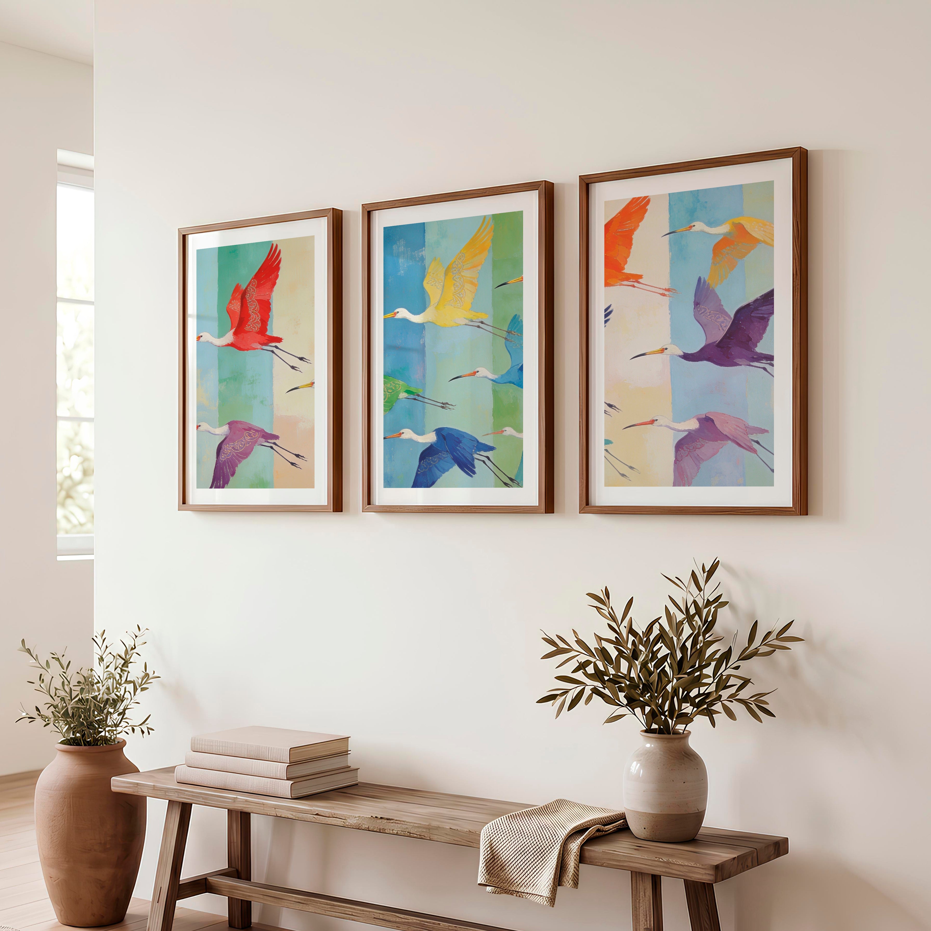 japandi room decor Patterned Birds in Flight - Dark Brown Framed Poster with White Border - Artworksets