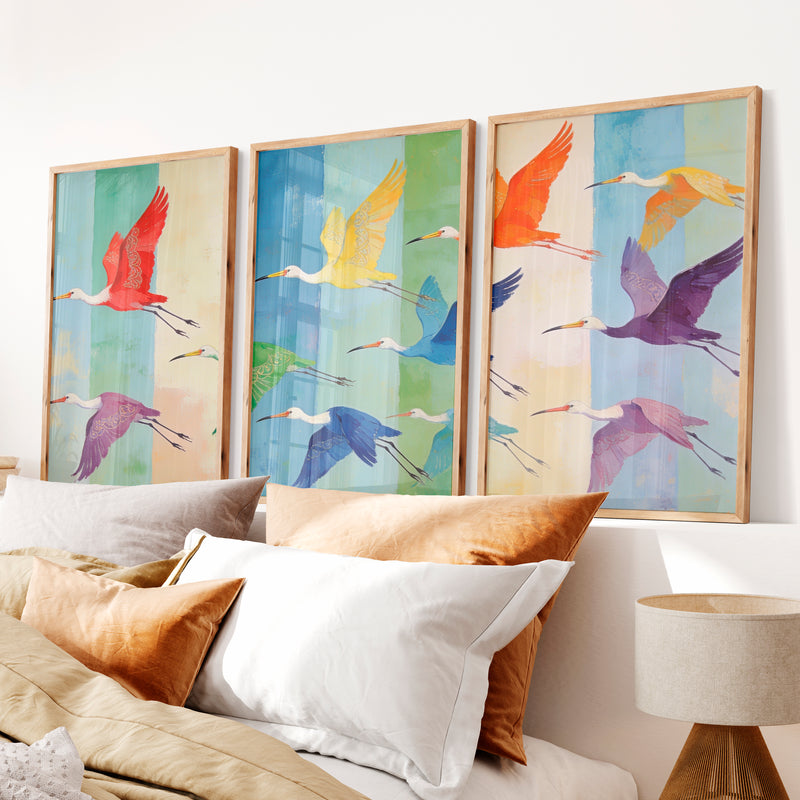 japandi room decor Patterned Birds in Flight - Natural Wood Framed Poster No Border - Artworksets
