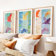 japandi room decor Patterned Birds in Flight- Natural Wood Framed Poster with White Border - Artworksets