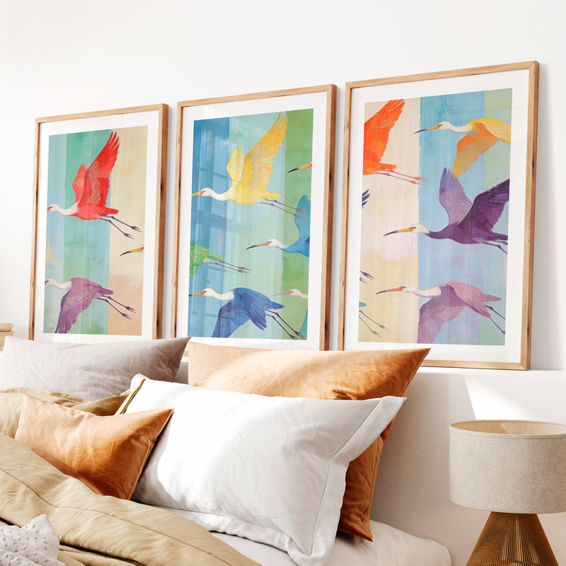 japandi room decor Patterned Birds in Flight- Natural Wood Framed Poster with White Border - Artworksets