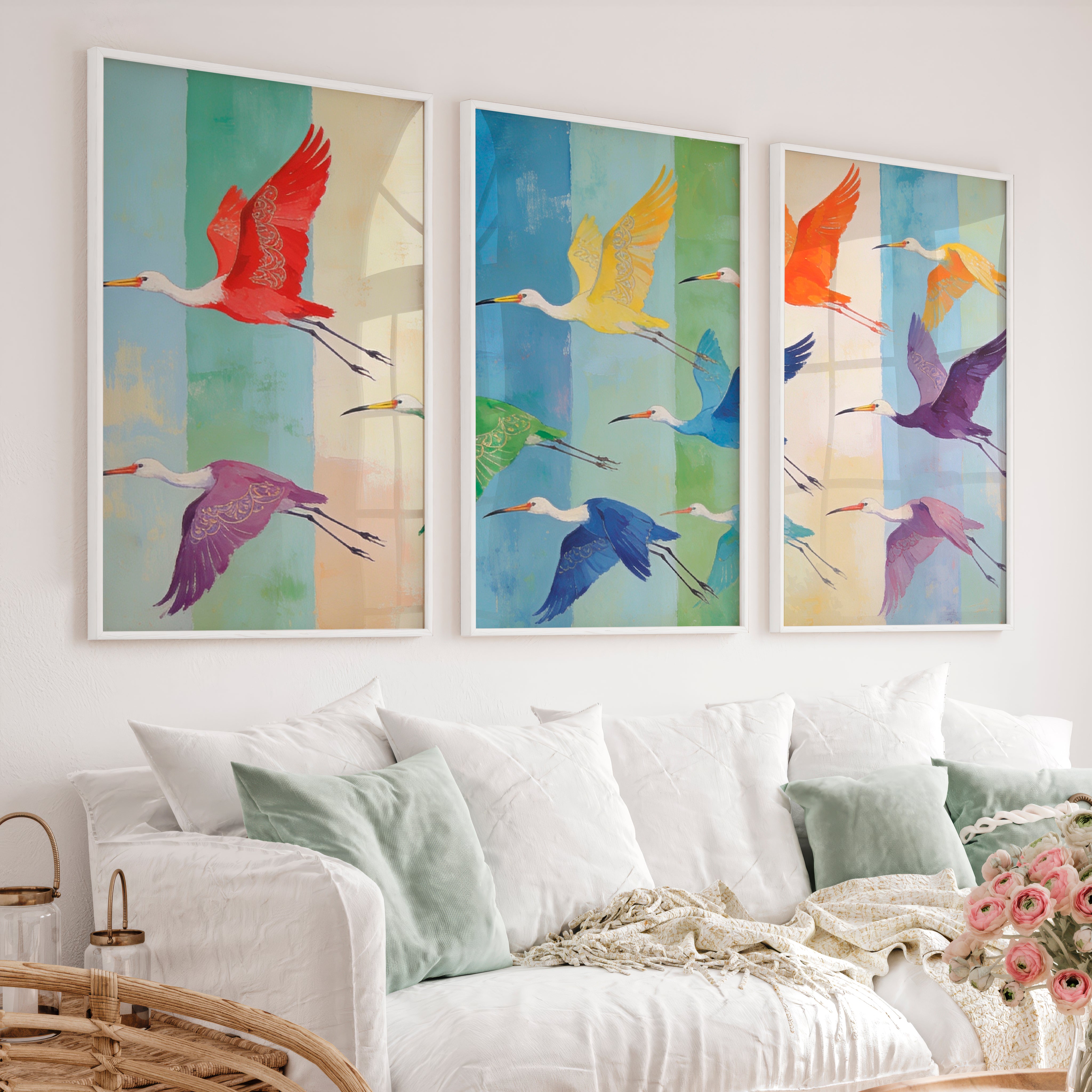 japandi room decor Patterned Birds in Flight - White Framed Poster No Border - Artworksets