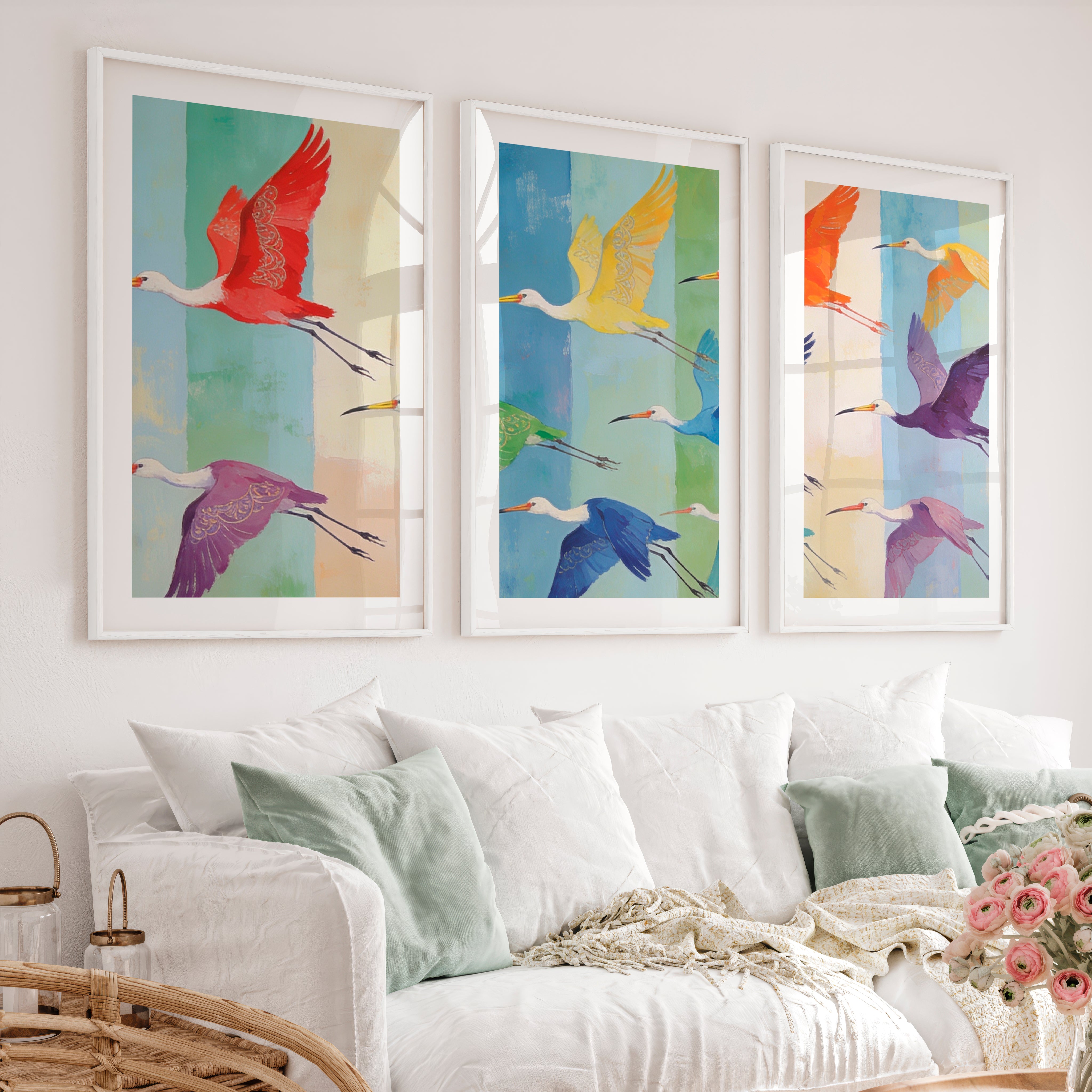 japandi room decor Patterned Birds in Flight - White Framed Poster with White Border - Artworksets