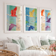 japandi room decor Patterned Birds in Flight - White Framed Poster with White Border - Artworksets