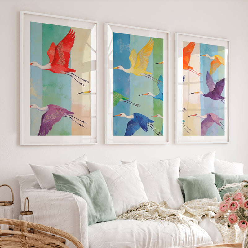 japandi room decor Patterned Birds in Flight - White Framed Poster with White Border - Artworksets