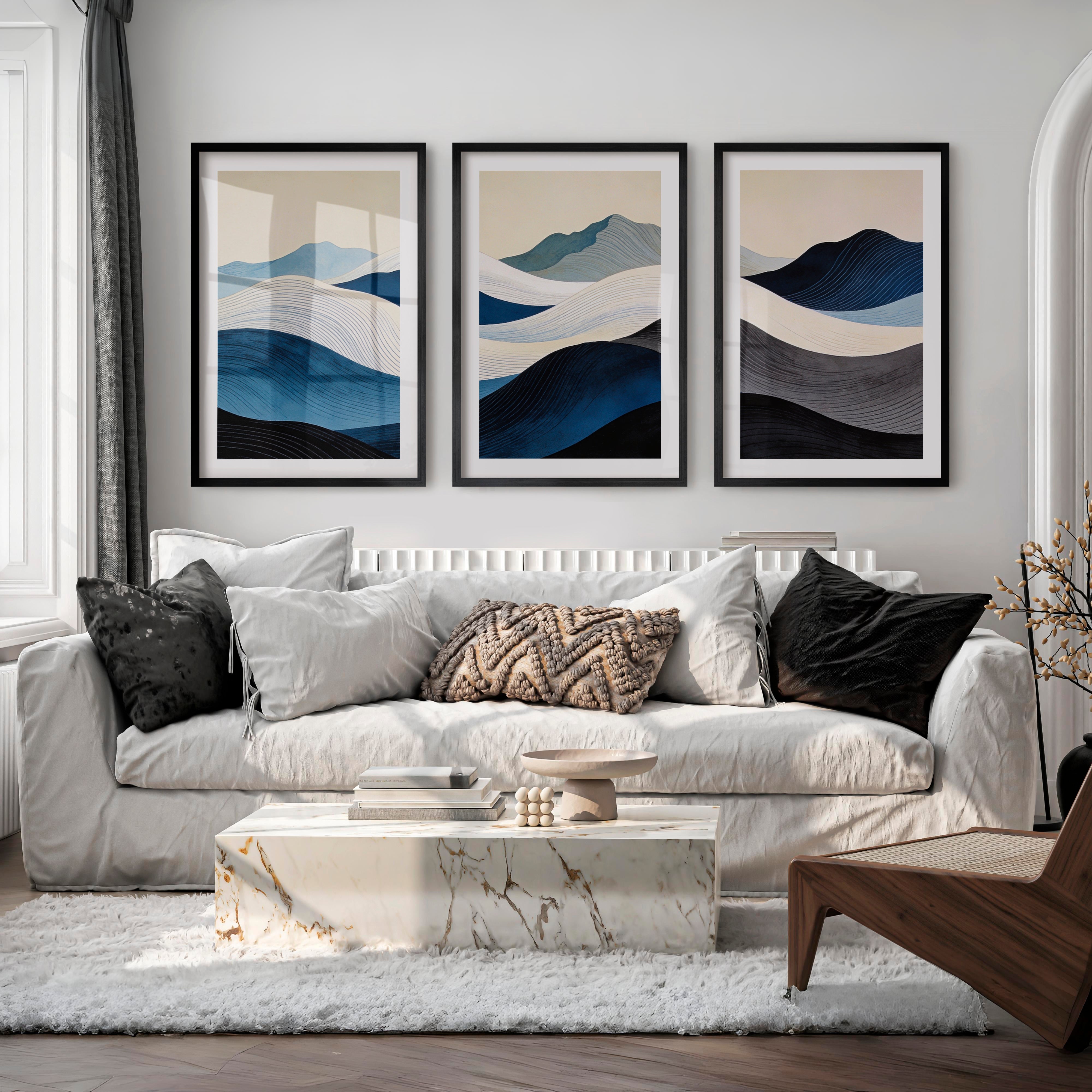 Layered Blue Hills japandi room decor Art - Black Framed Poster with White Border - Artworksets