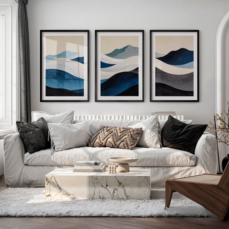 Layered Blue Hills japandi room decor Art - Black Framed Poster with White Border - Artworksets