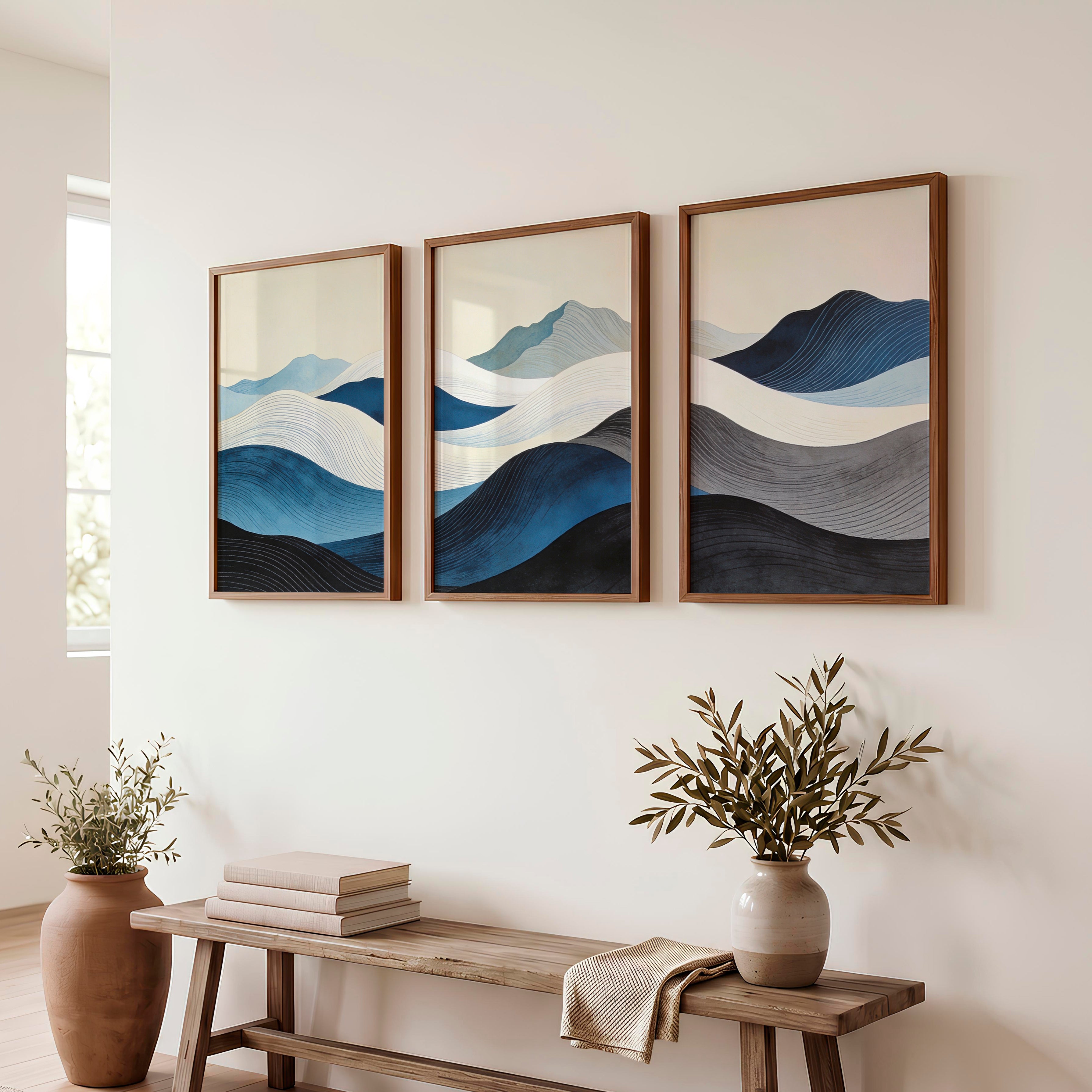 Layered Blue Hills japandi room decor Art - Dark Brown Framed Poster No Border - Artworksets
