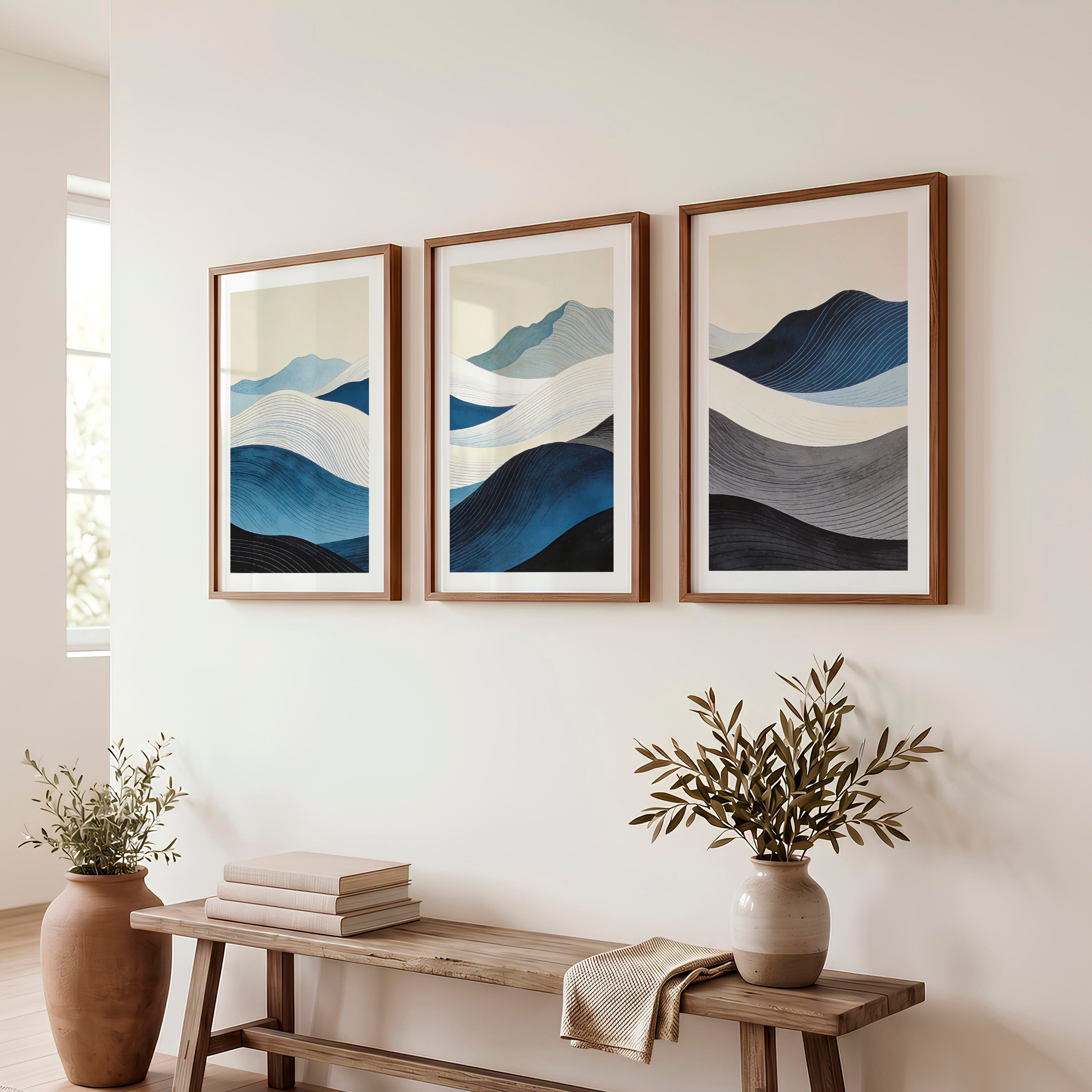 Layered Blue Hills japandi room decor Art - Dark Brown Framed Poster with White Border - Artworksets