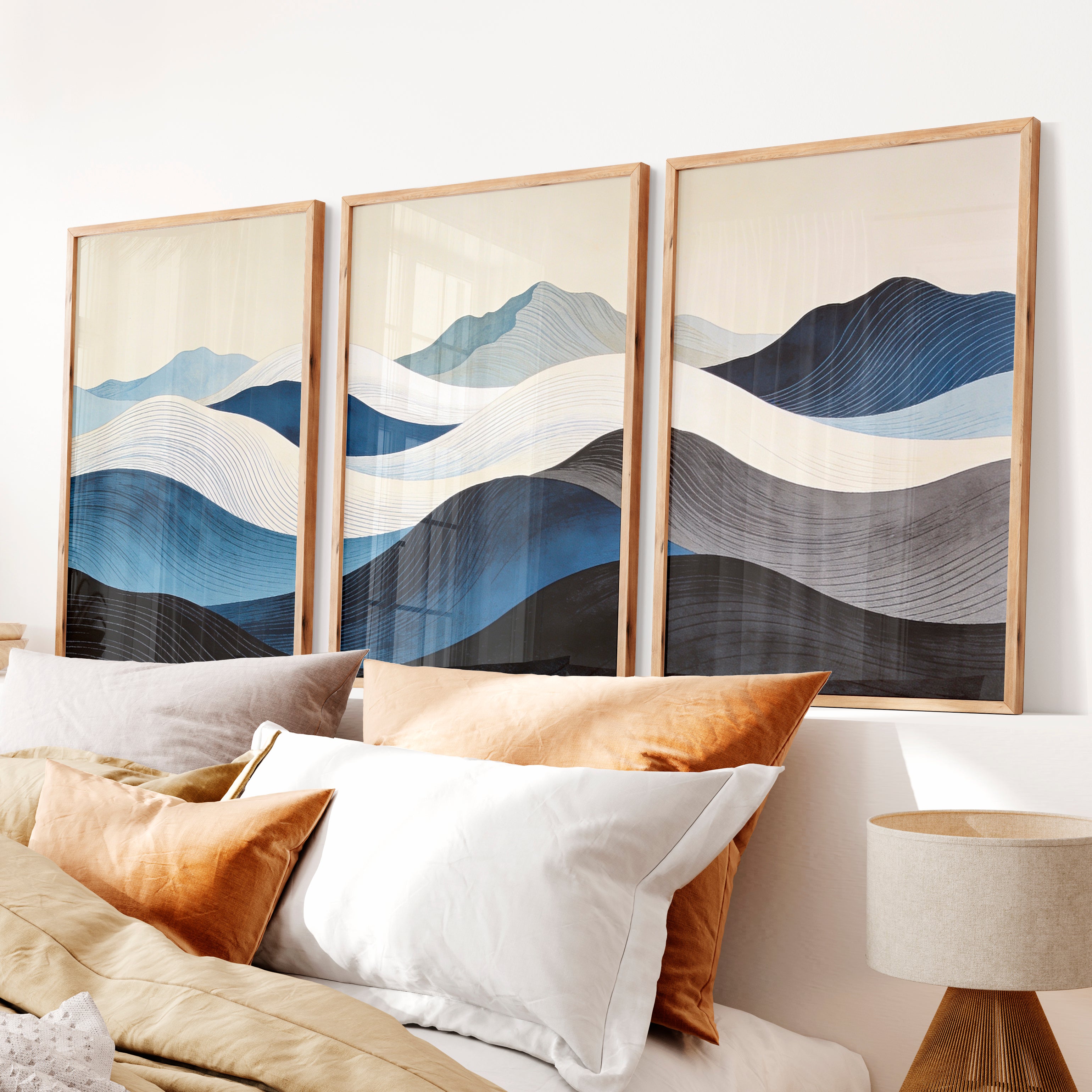 Layered Blue Hills japandi room decor Art - Natural Wood Framed Poster No Border - Artworksets