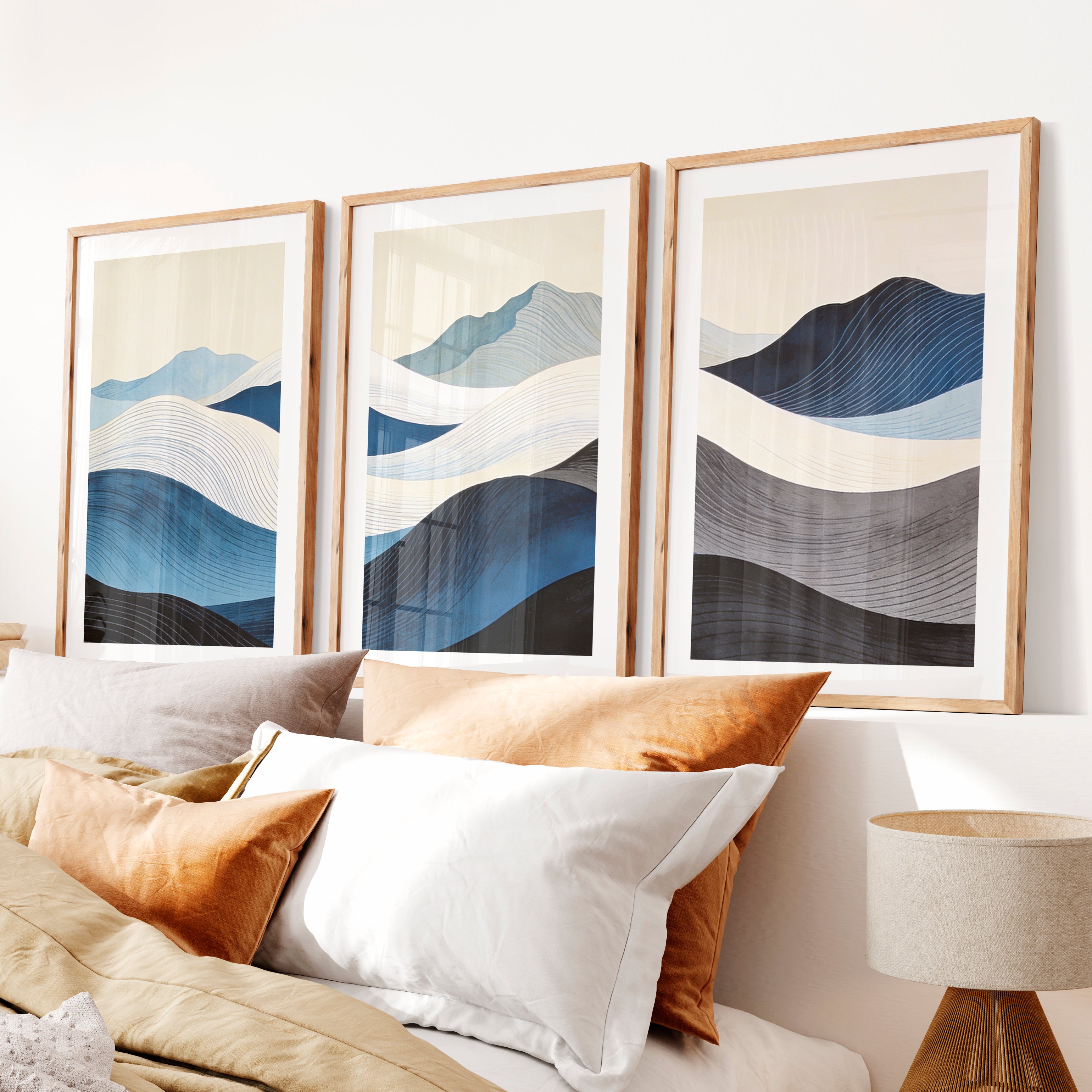 Layered Blue Hills japandi room decor Art- Natural Wood Framed Poster with White Border - Artworksets