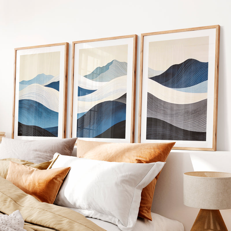 Layered Blue Hills japandi room decor Art- Natural Wood Framed Poster with White Border - Artworksets