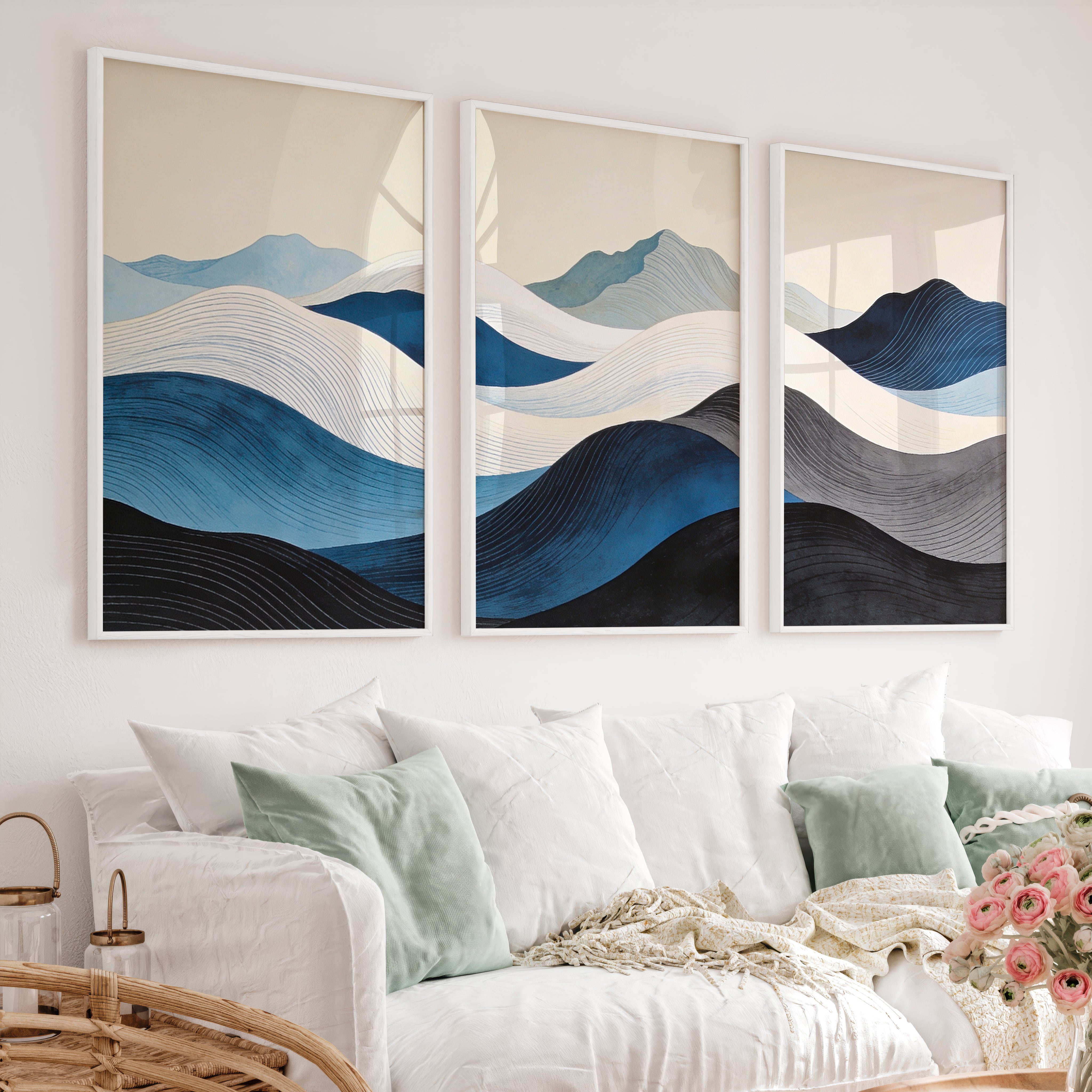 Layered Blue Hills japandi room decor Art - White Framed Poster No Border - Artworksets