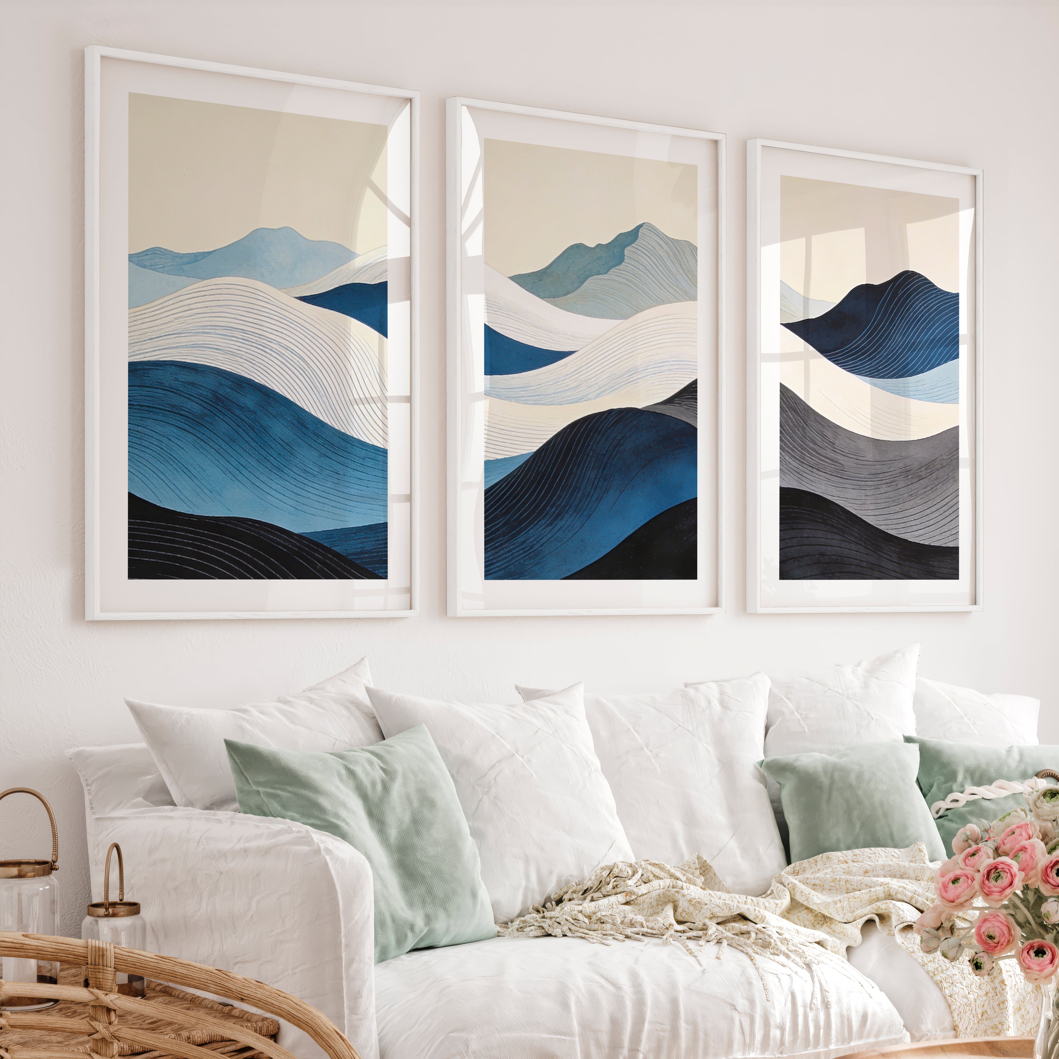 Layered Blue Hills japandi room decor Art - White Framed Poster with White Border - Artworksets