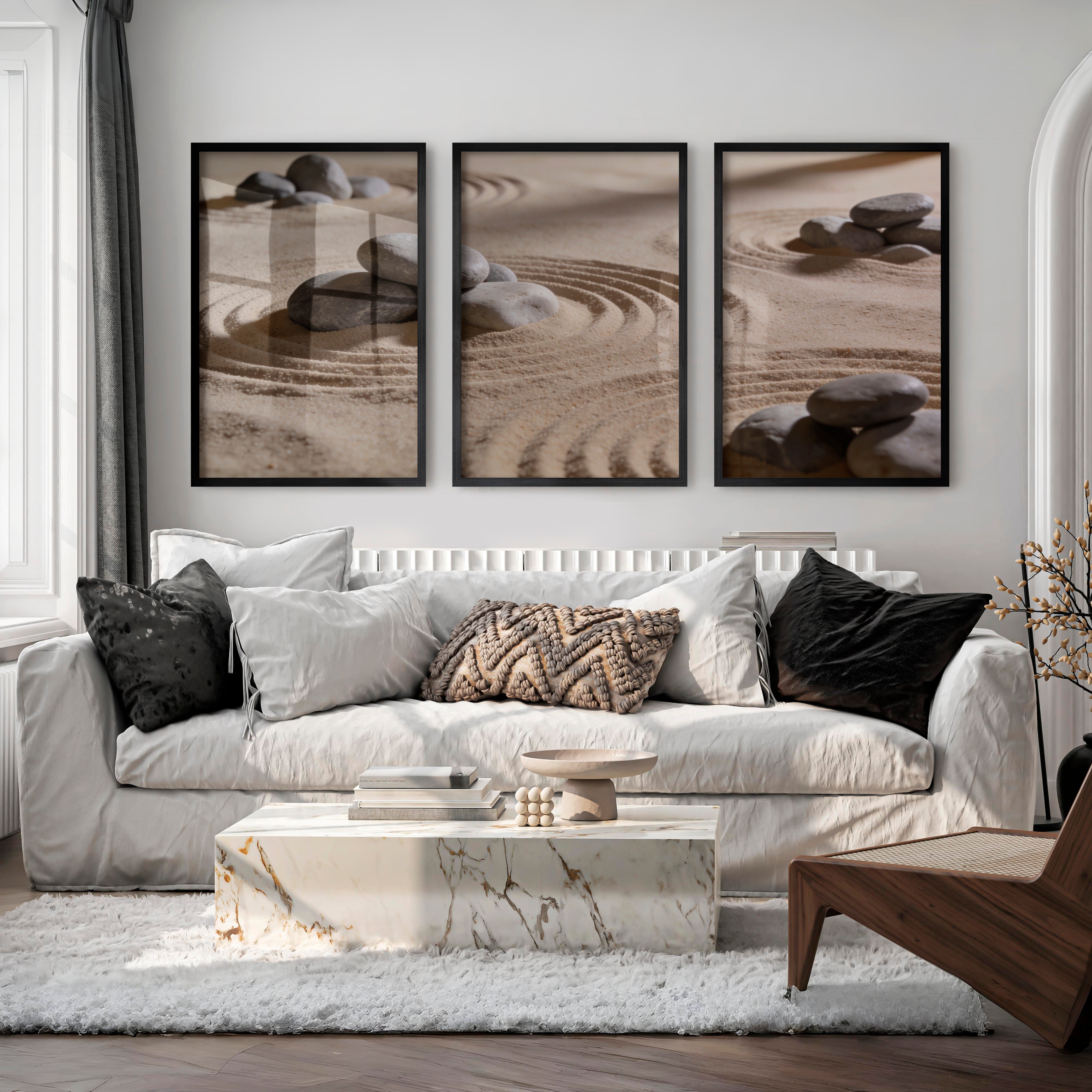 Grey Stone Circles japandi room decor - Black Framed Poster No Border - Artworksets