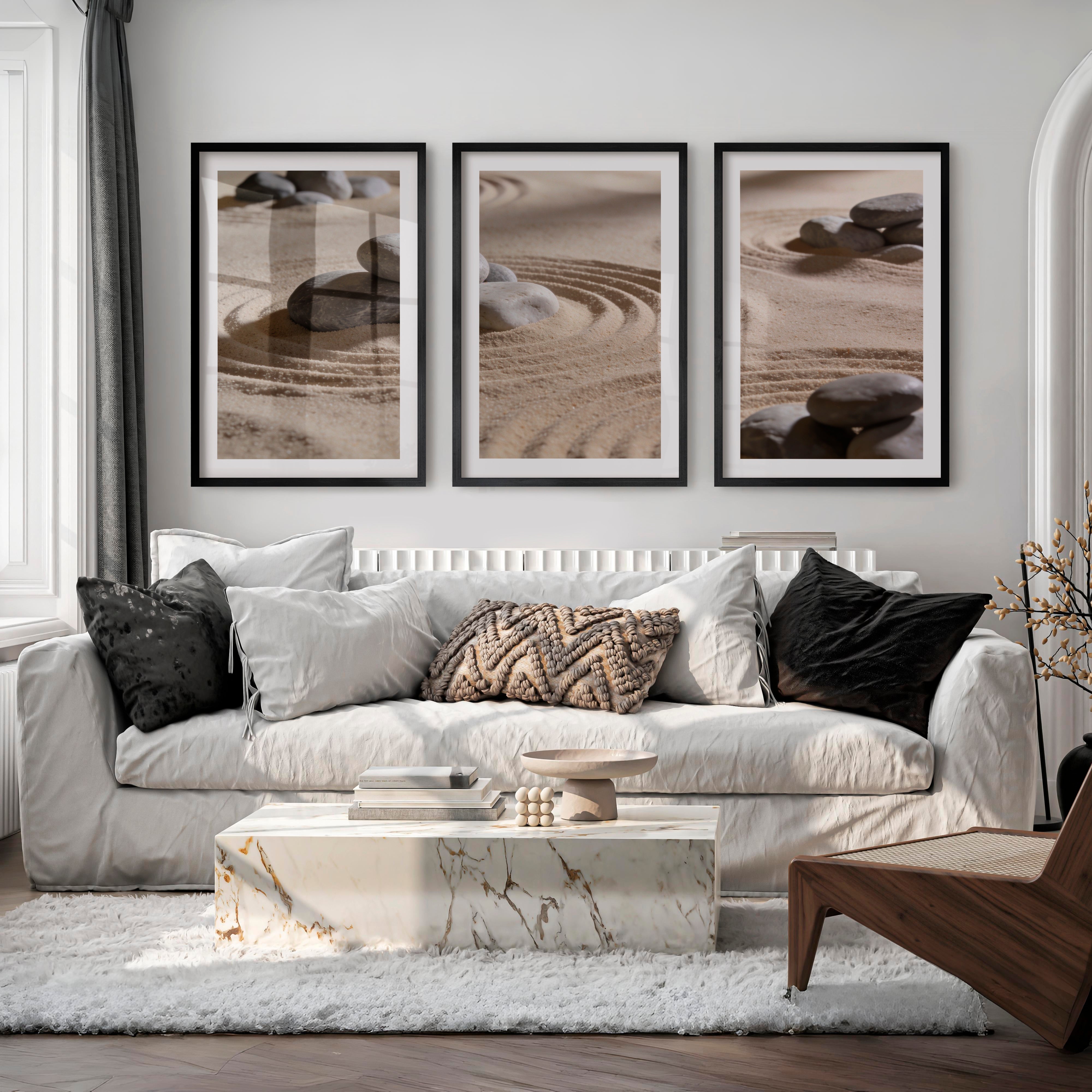 Grey Stone Circles japandi room decor - Black Framed Poster with White Border - Artworksets
