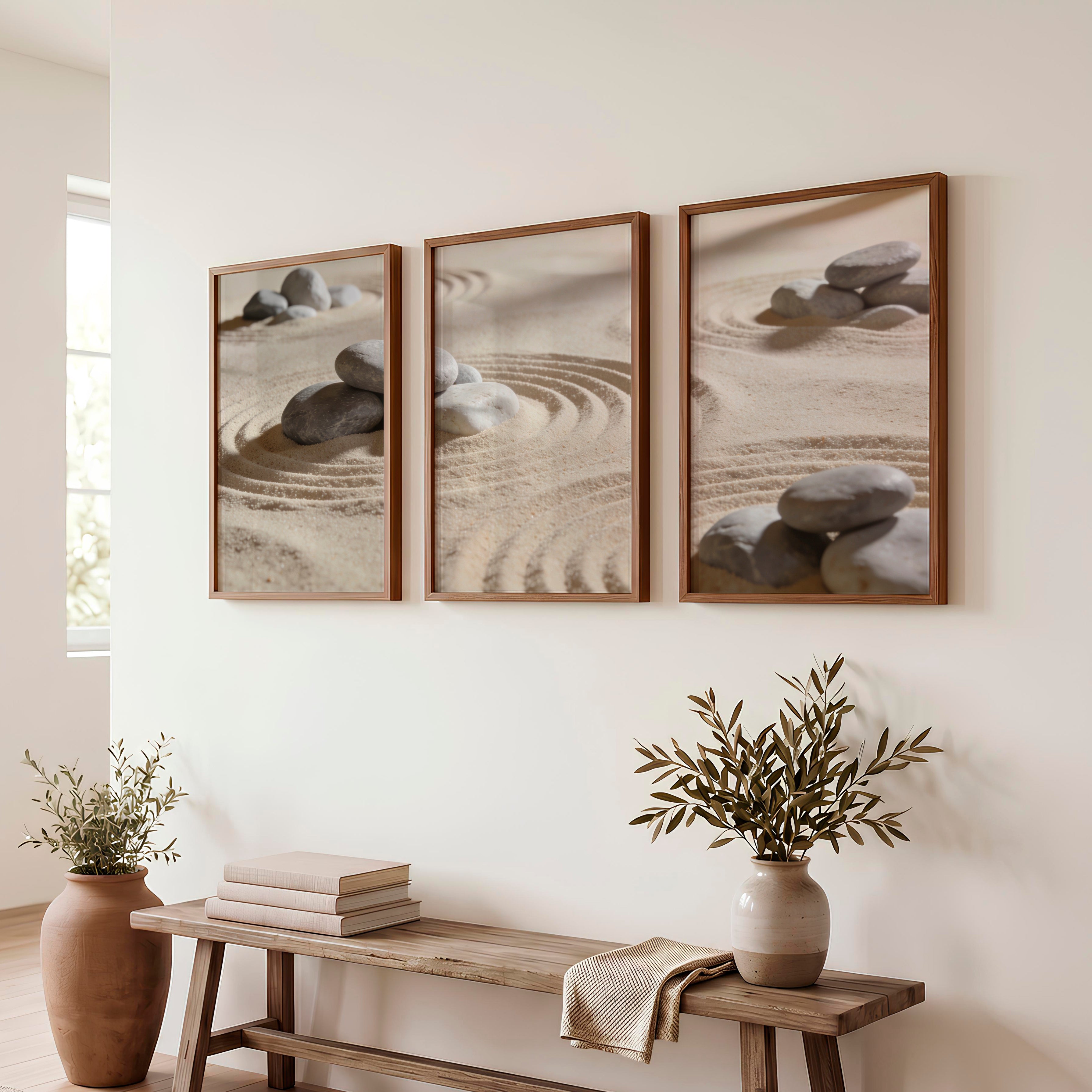 Grey Stone Circles japandi room decor - Dark Brown Framed Poster No Border - Artworksets