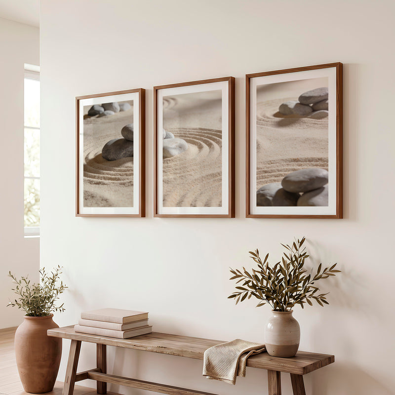 Grey Stone Circles japandi room decor - Dark Brown Framed Poster with White Border - Artworksets