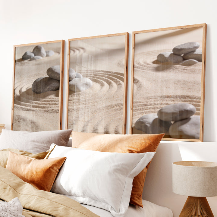 Grey Stone Circles japandi room decor - Natural Wood Framed Poster No Border - Artworksets