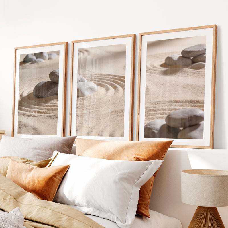 Grey Stone Circles japandi room decor- Natural Wood Framed Poster with White Border - Artworksets