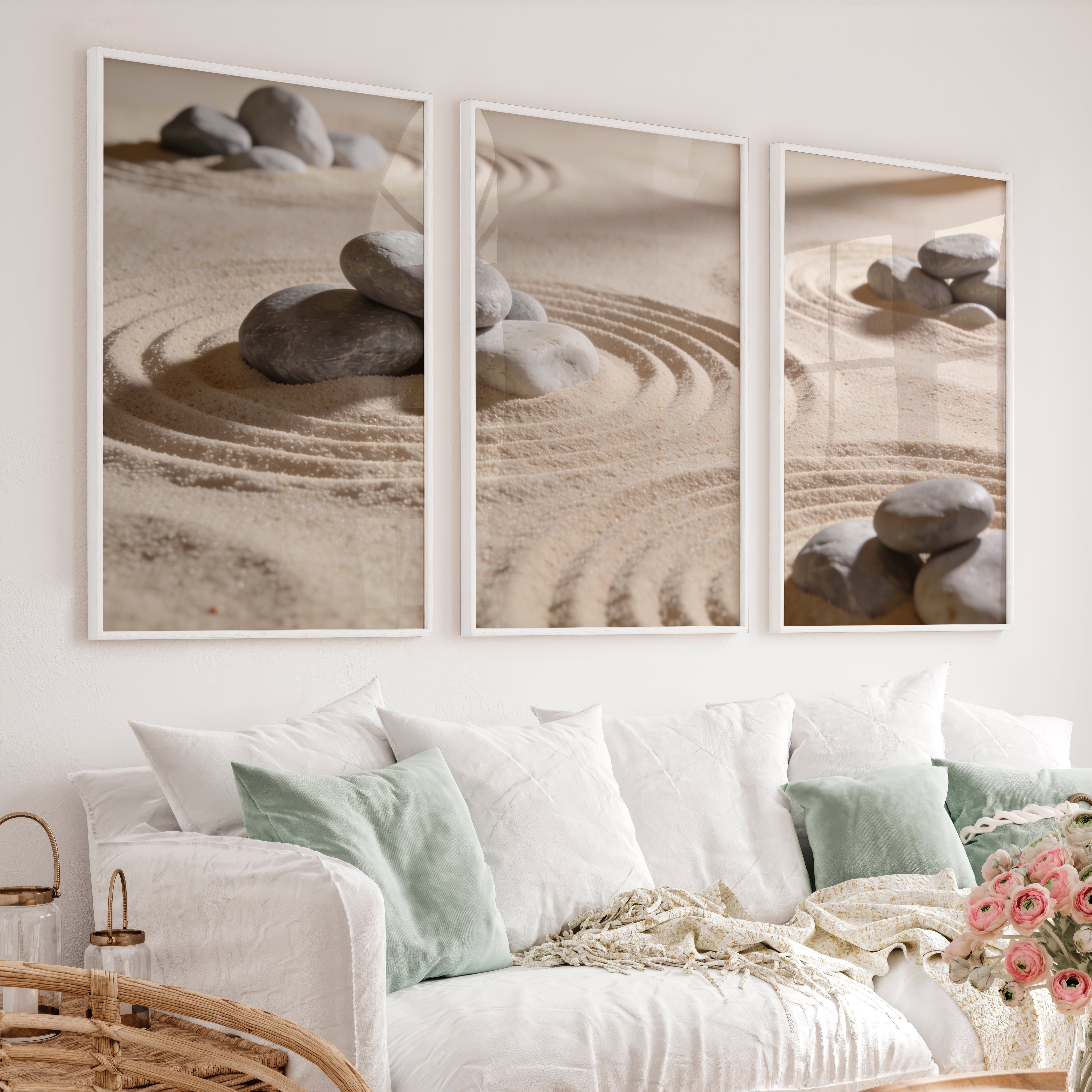 Grey Stone Circles japandi room decor - White Framed Poster No Border - Artworksets
