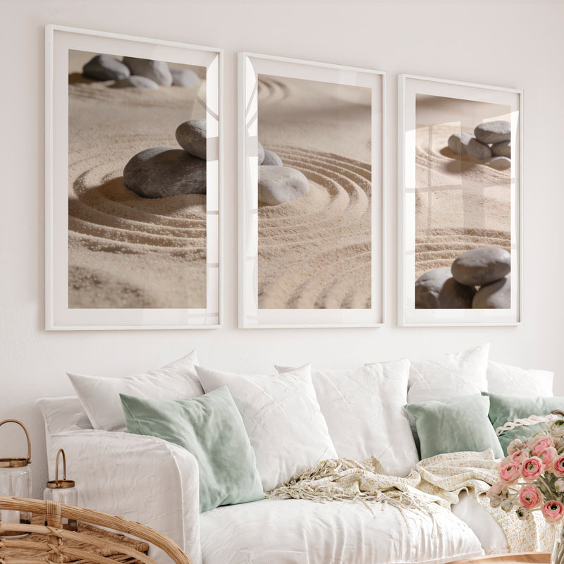 Grey Stone Circles japandi room decor - White Framed Poster with White Border - Artworksets