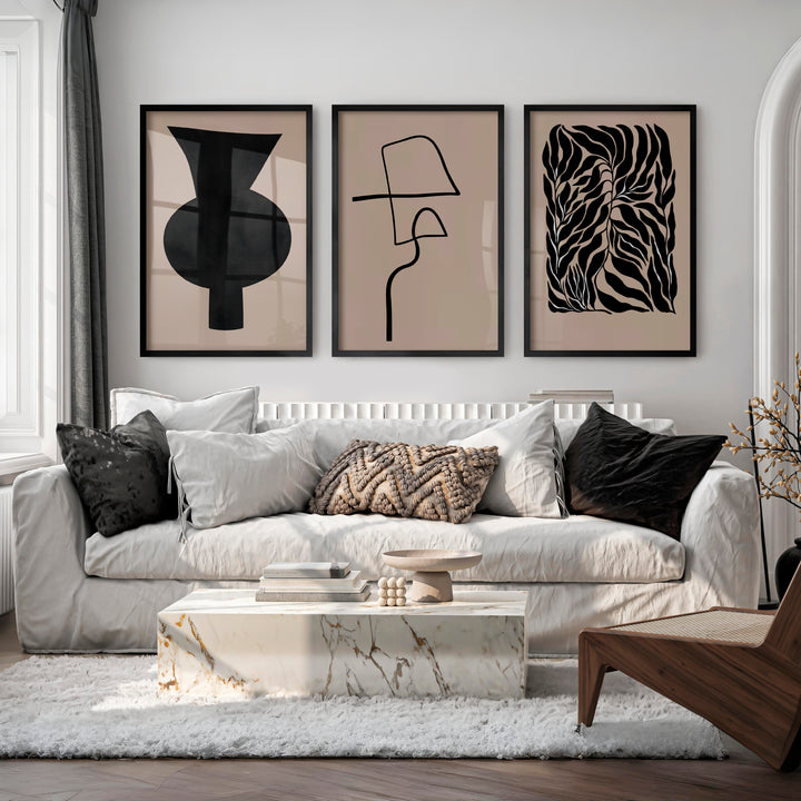 Abstract Vase Japandi Room Decor with Botanical Panel - Black Framed Poster No Border - Artworksets